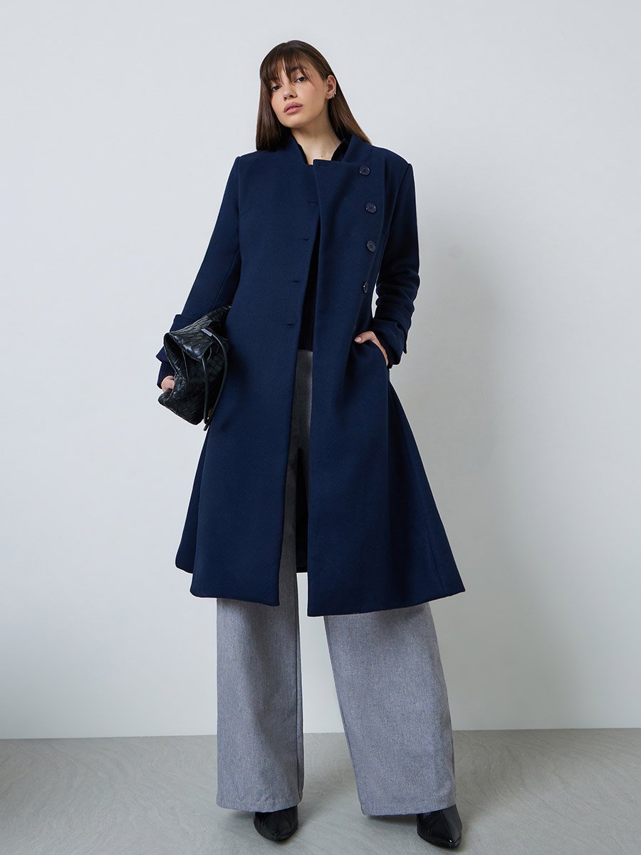 Navy Blue Slim Fit Wool Like Coat