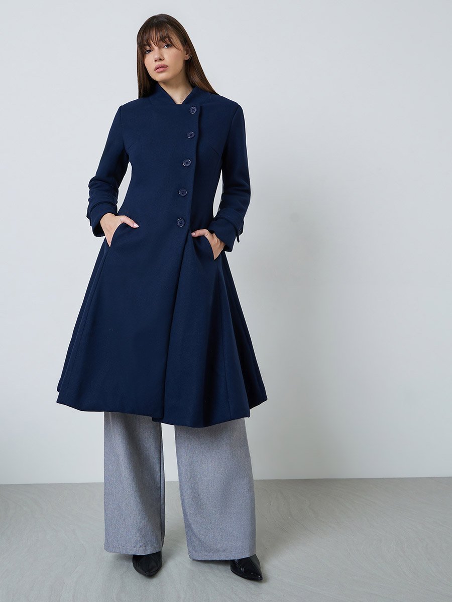 Navy Blue Slim Fit Wool Like Coat