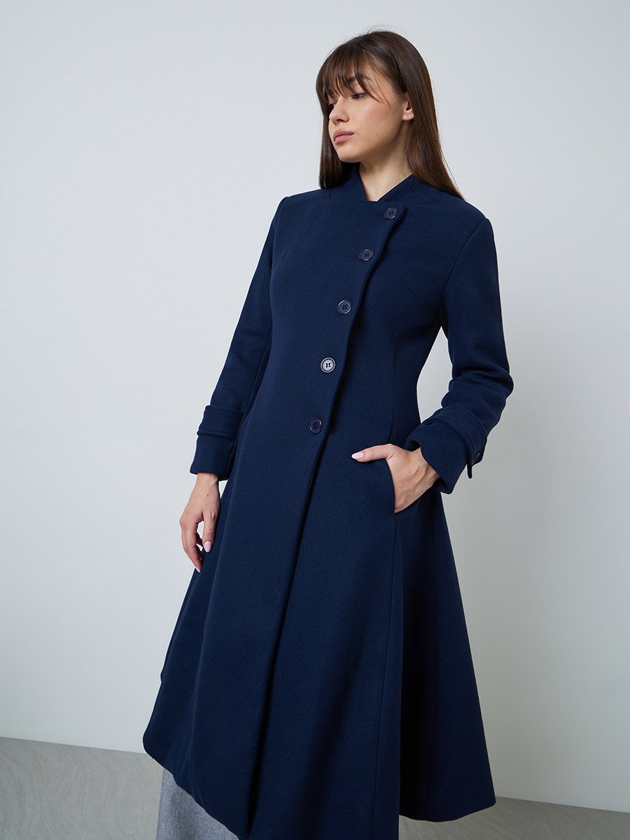 Navy Blue Slim Fit Wool Like Coat