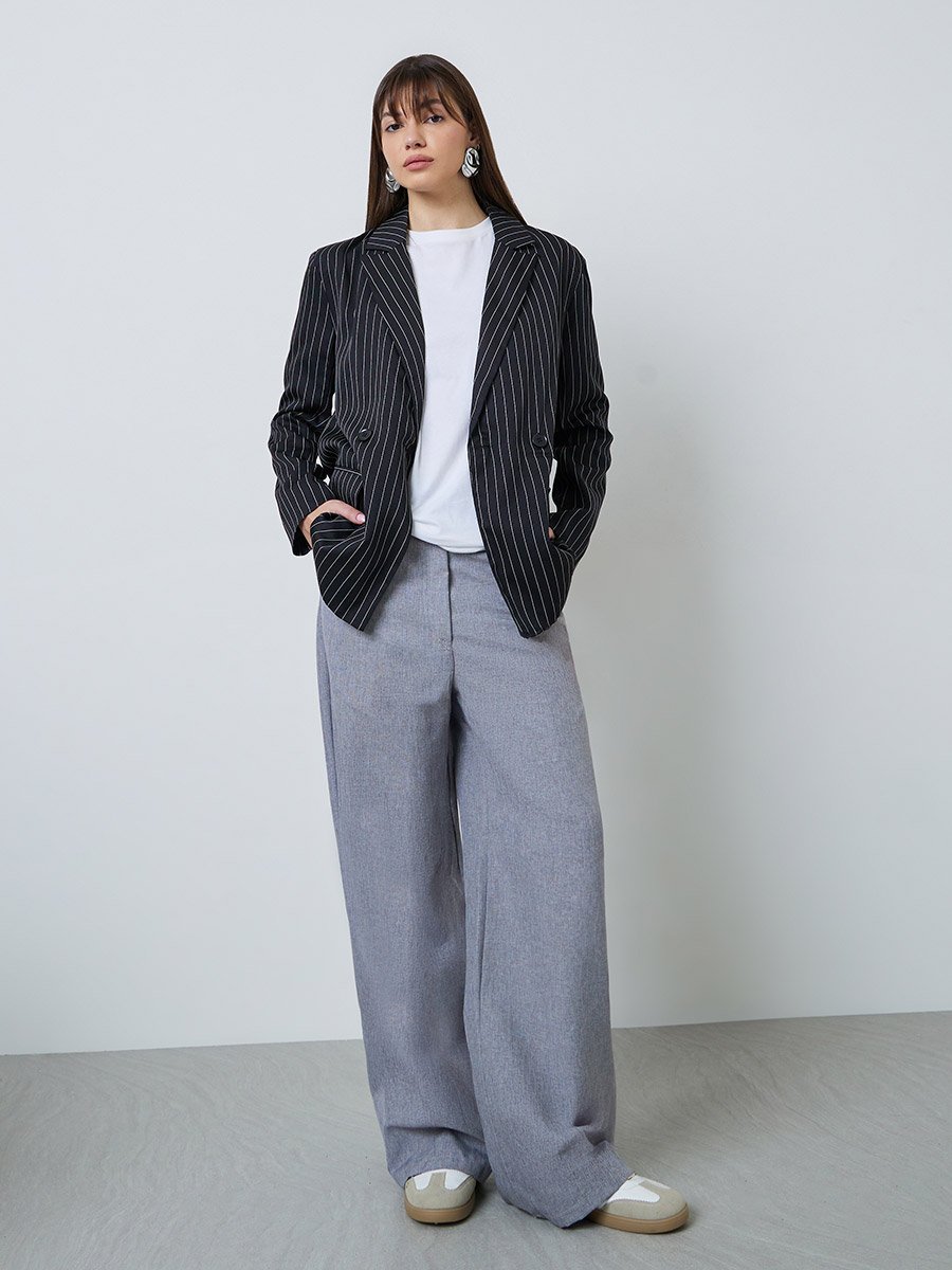 Black Regular Fit Striped Blazer