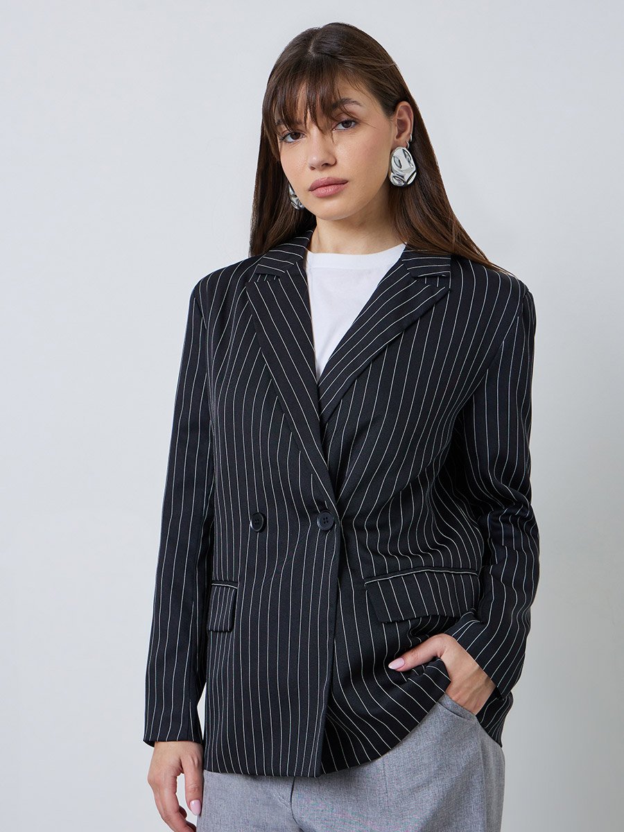 Black Regular Fit Striped Blazer