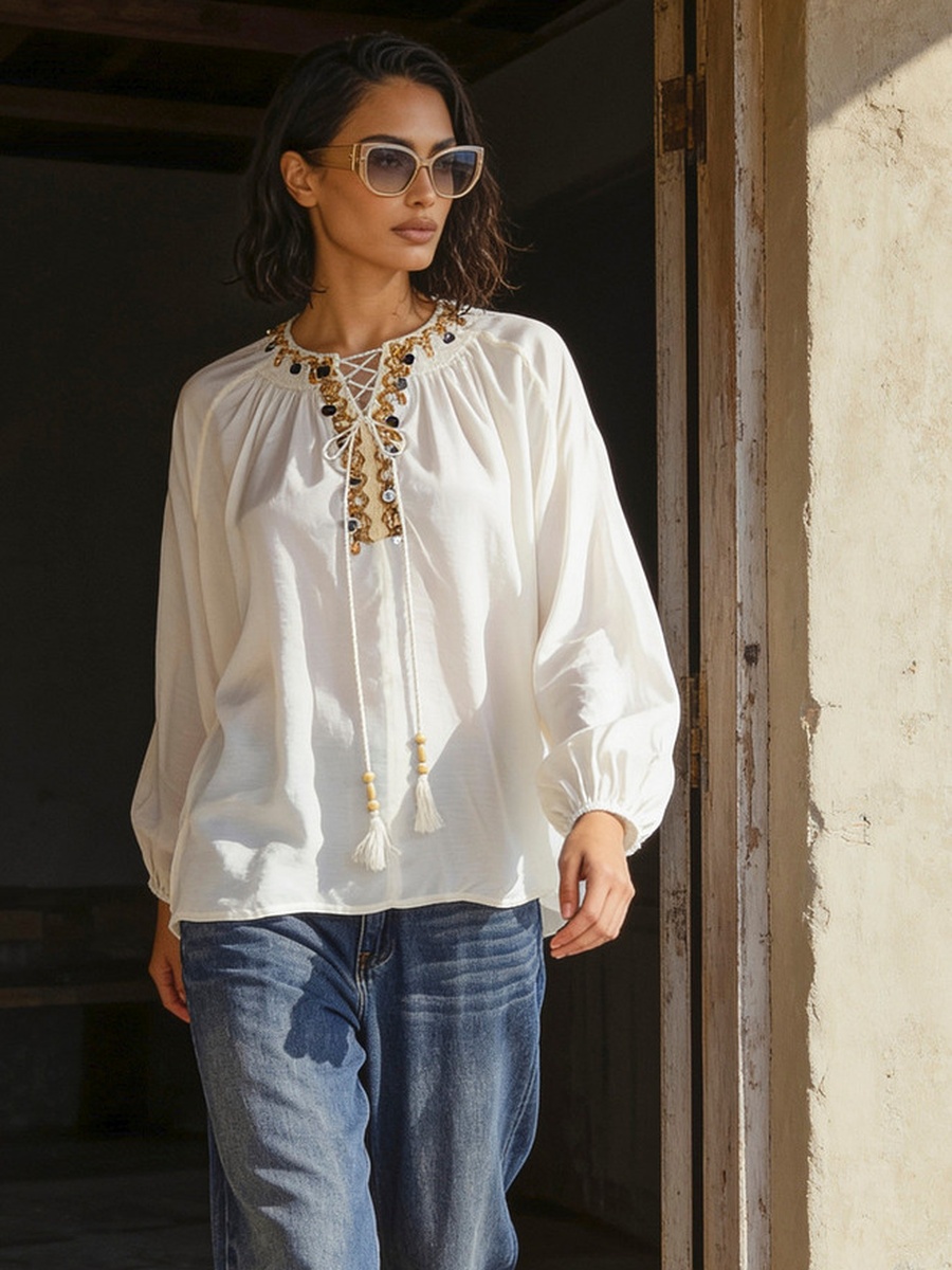 Relaxed Fit Viscose Top with Embellishment