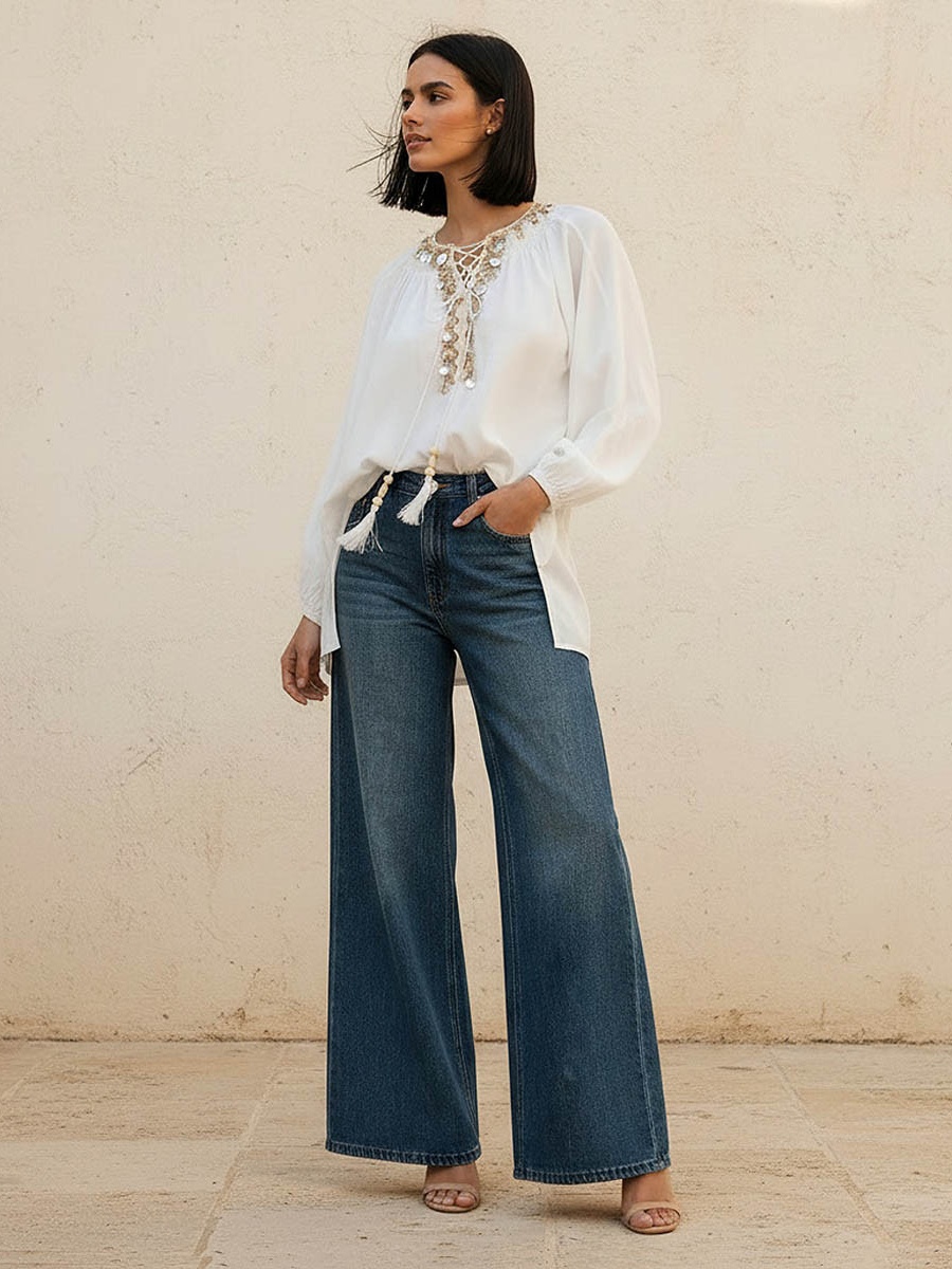 Relaxed Fit Viscose Top with Embellishment