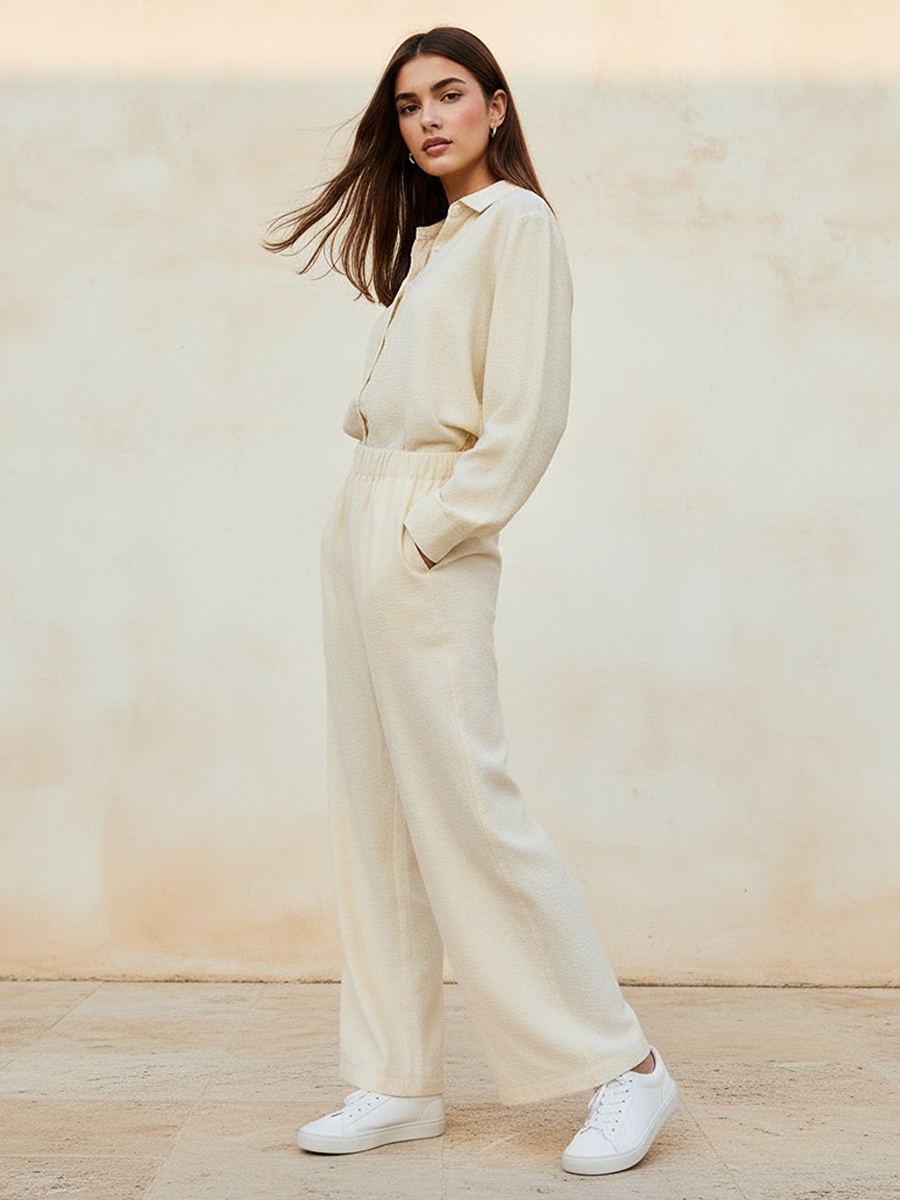 Wide Leg Mid-Rise Jacquard Textured Trousers