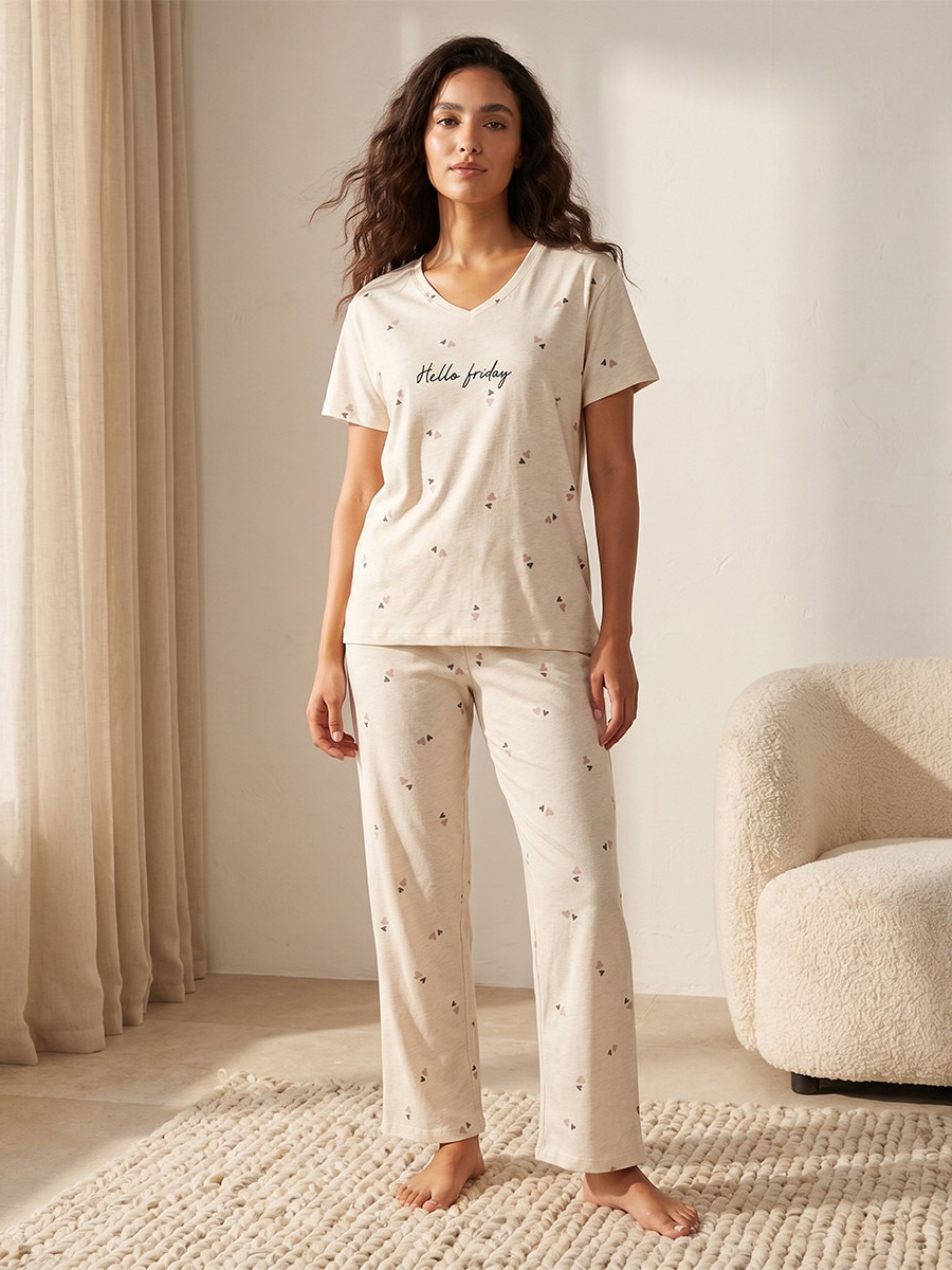Cotton Pyjama Set with Heart Print T-Shirt and Trousers