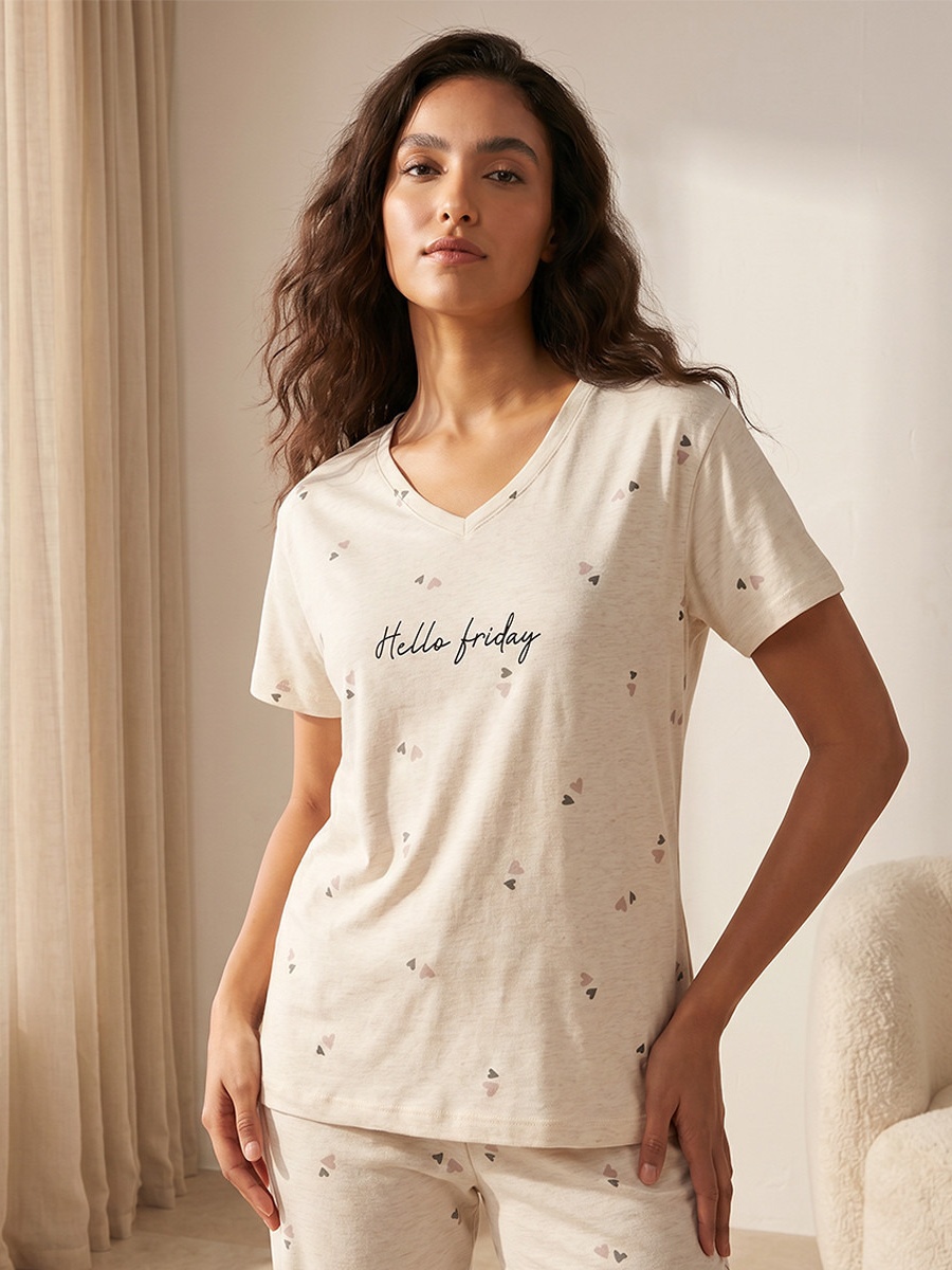 Cotton Pyjama Set with Heart Print T-Shirt and Trousers