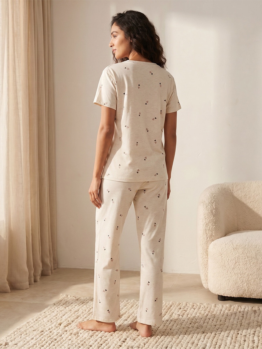 Cotton Pyjama Set with Heart Print T-Shirt and Trousers