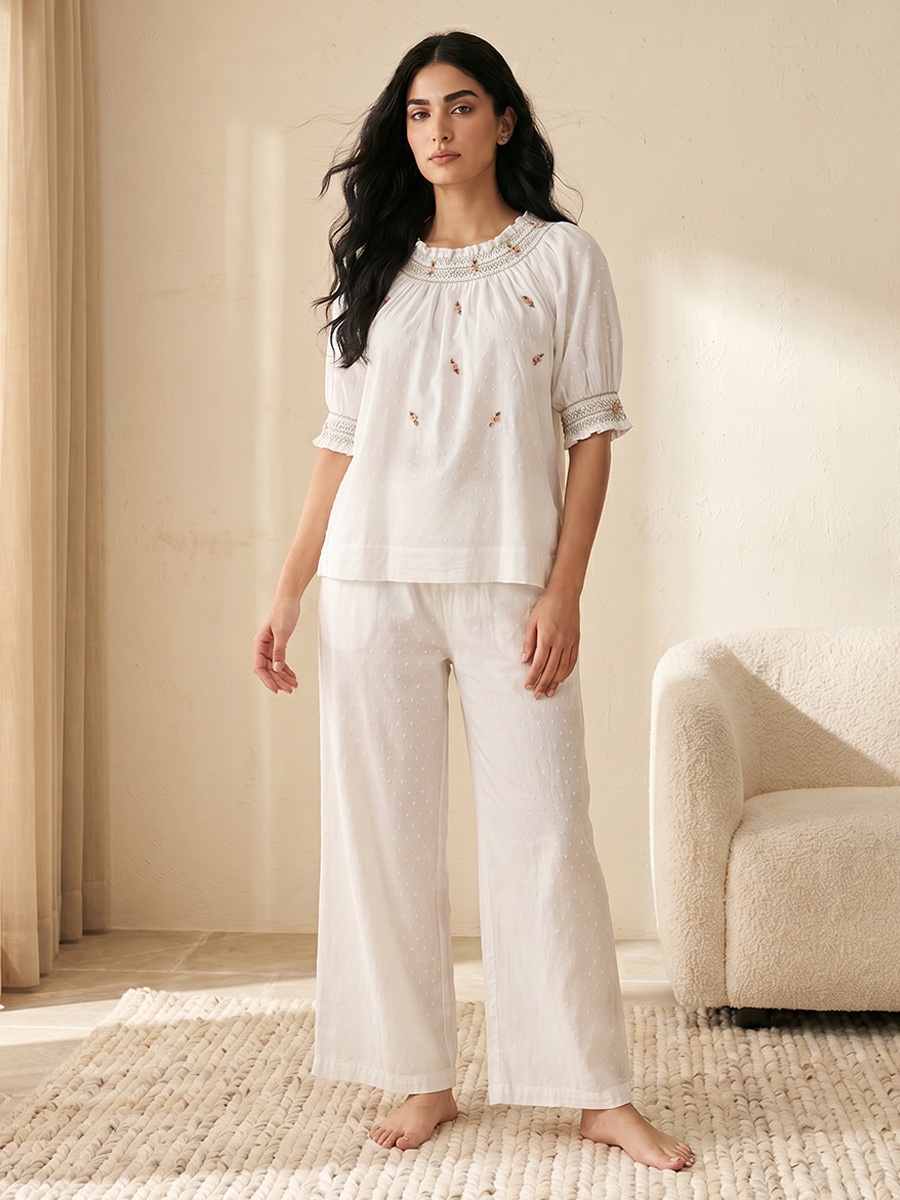 Cotton Pyjama Set with Floral Accent Top and Trousers