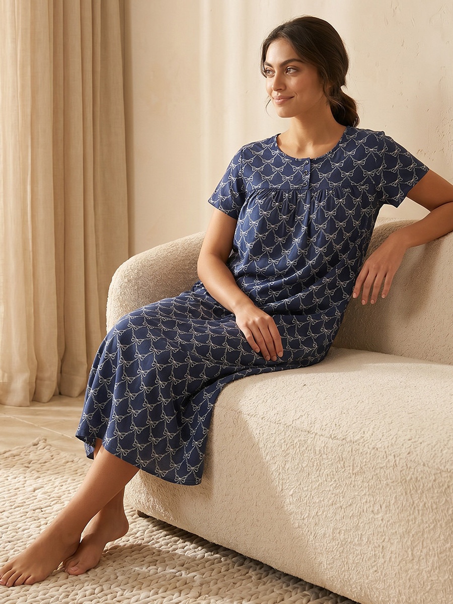 Short Sleeves Printed Viscose Night Gown