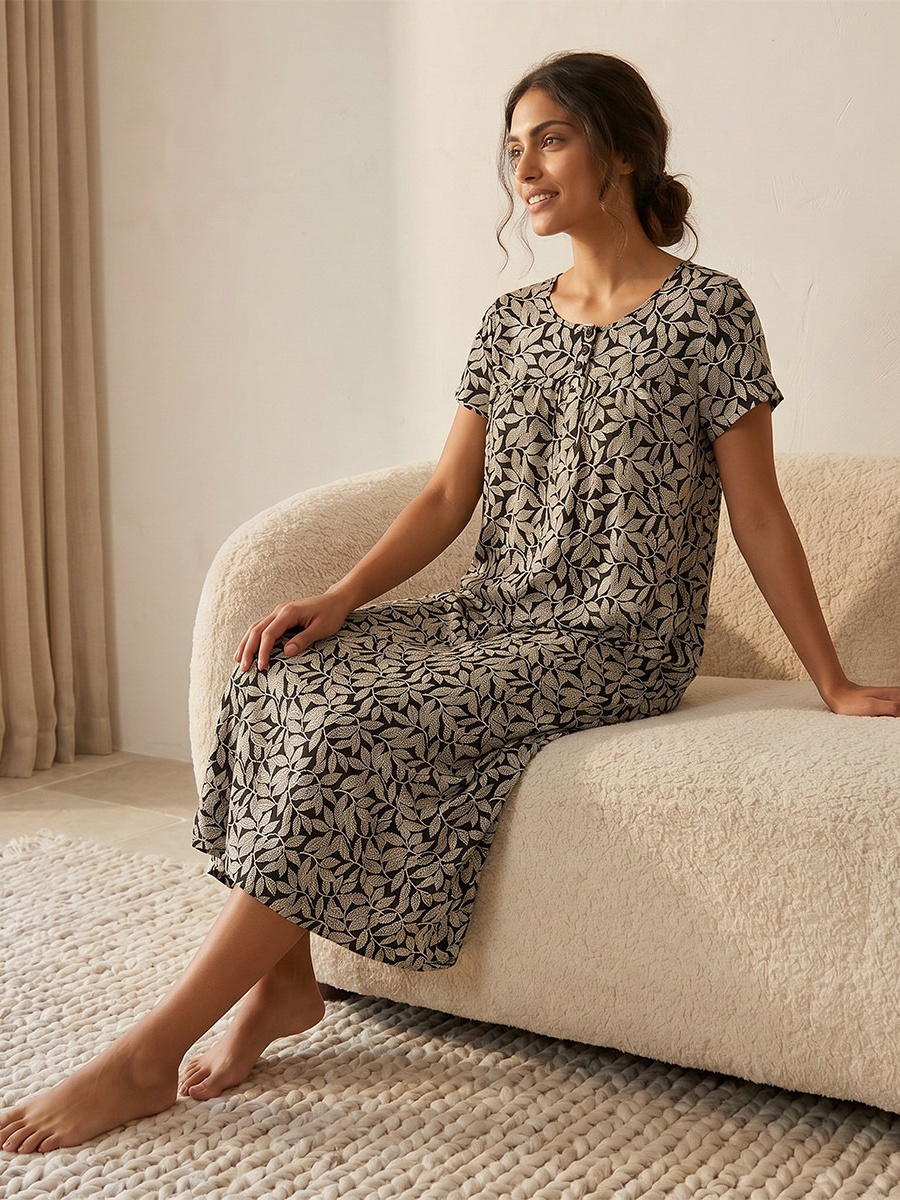 Short Sleeves Printed Viscose Night Gown