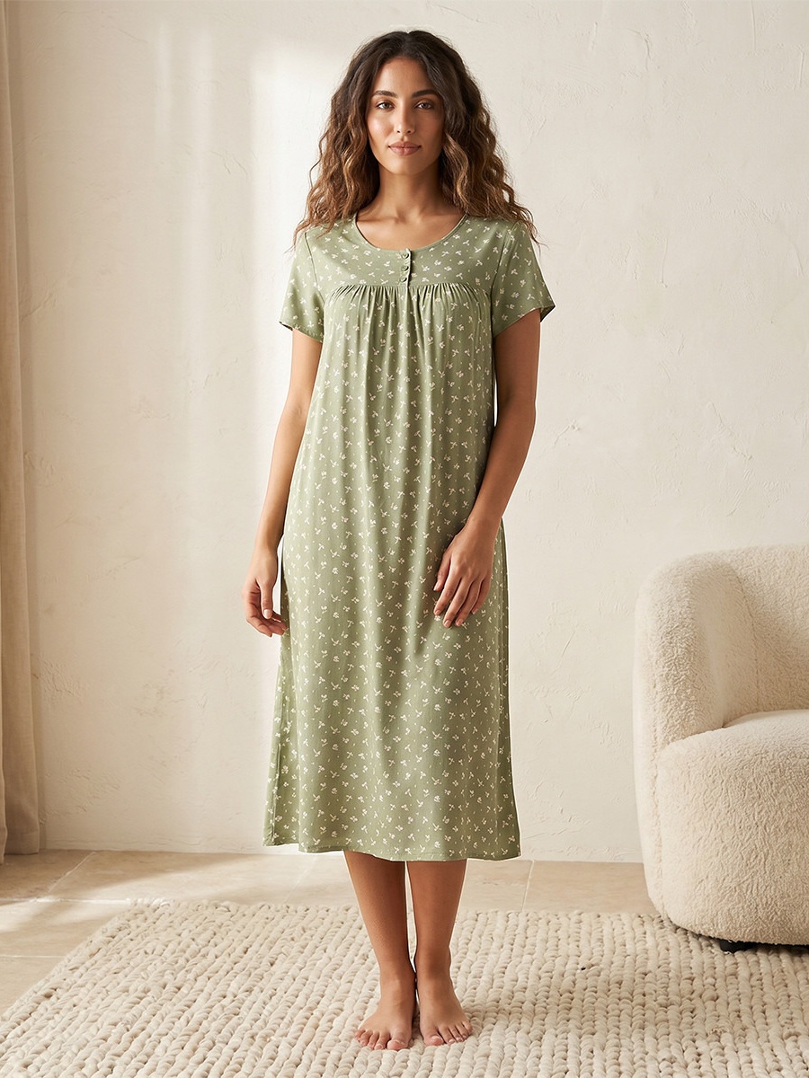 Short Sleeves Floral Print Viscose Night Gown
