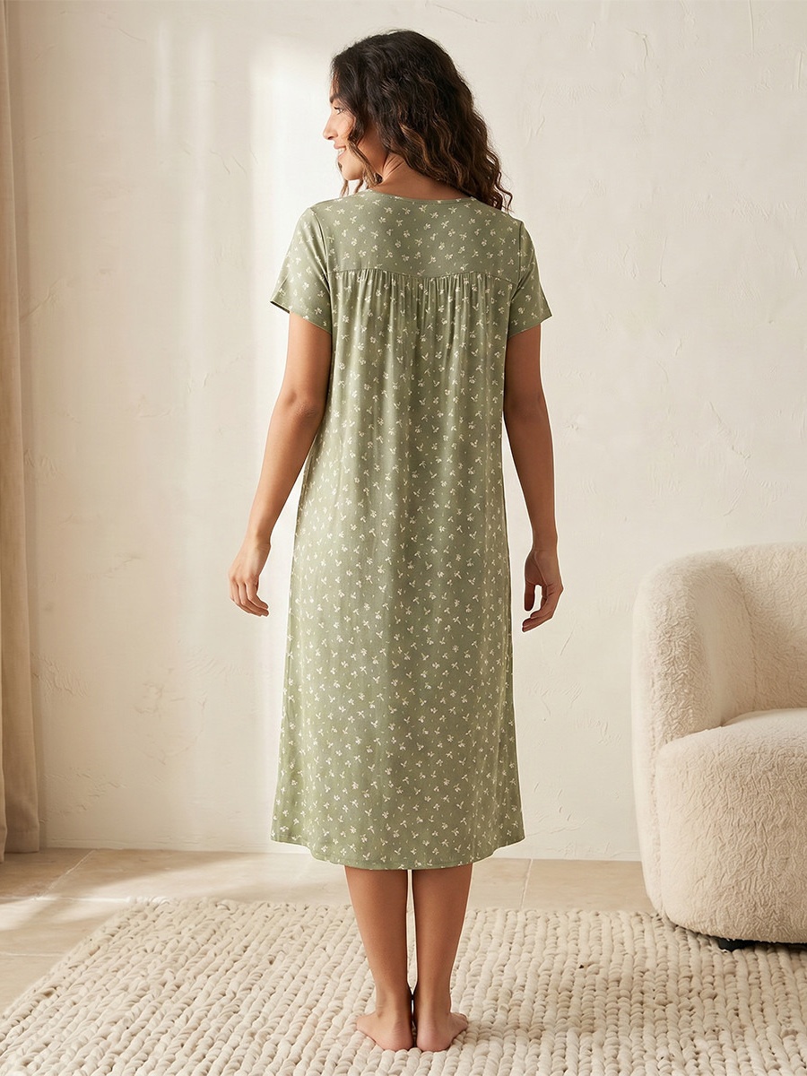 Short Sleeves Floral Print Viscose Night Gown