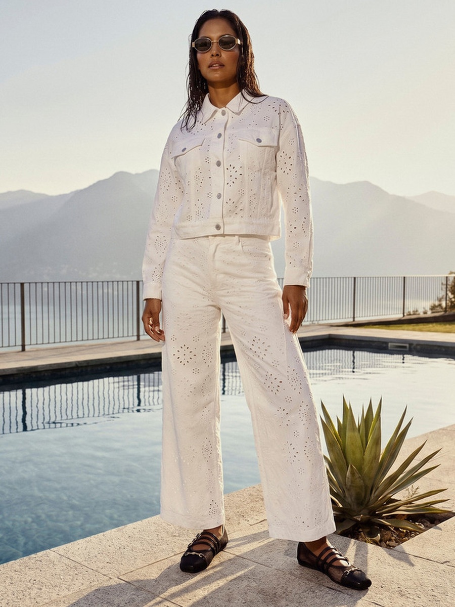 Wide Leg High-Rise Parachute Jeans with Schiffli Embroidery
