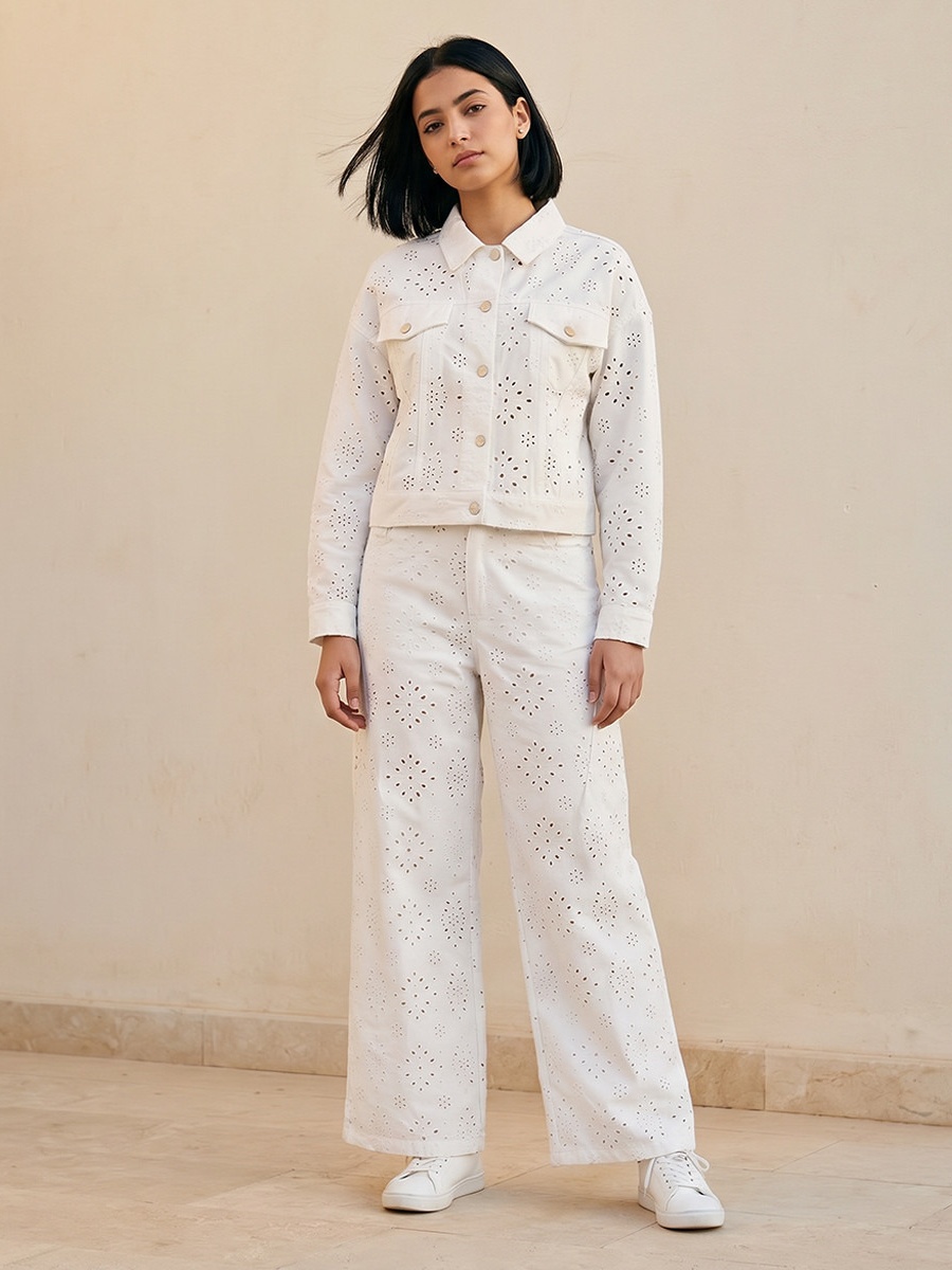 Wide Leg High-Rise Parachute Jeans with Schiffli Embroidery