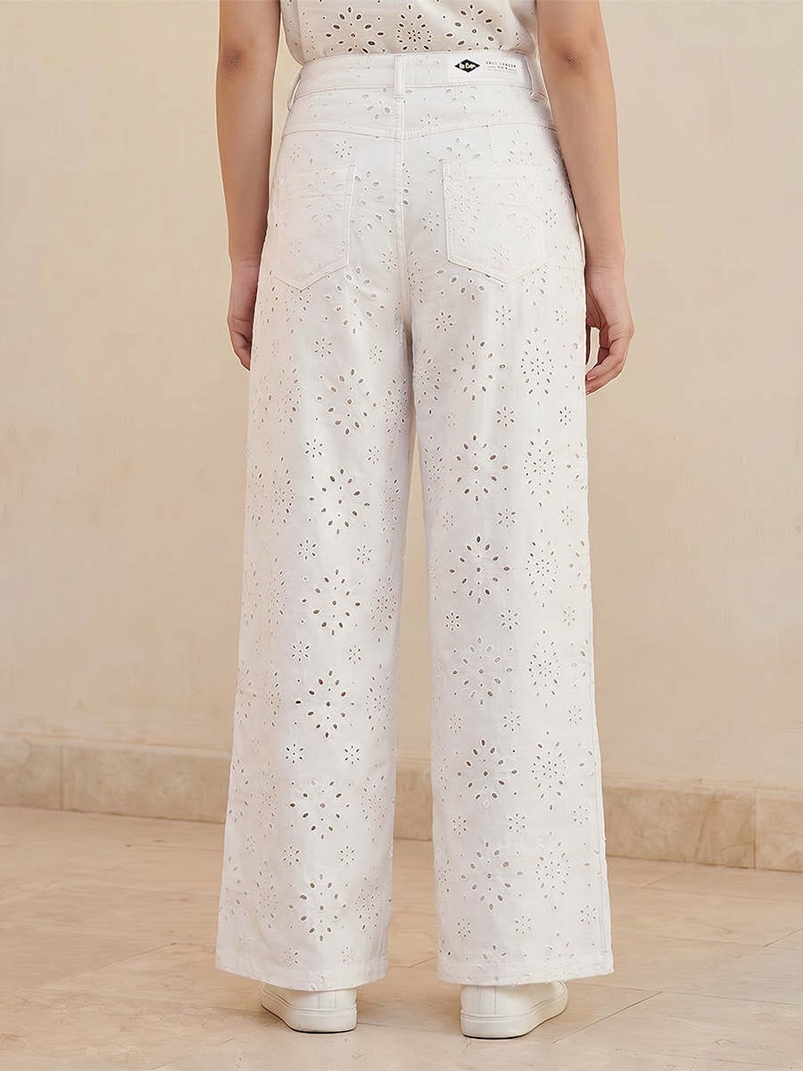 Wide Leg High-Rise Parachute Jeans with Schiffli Embroidery