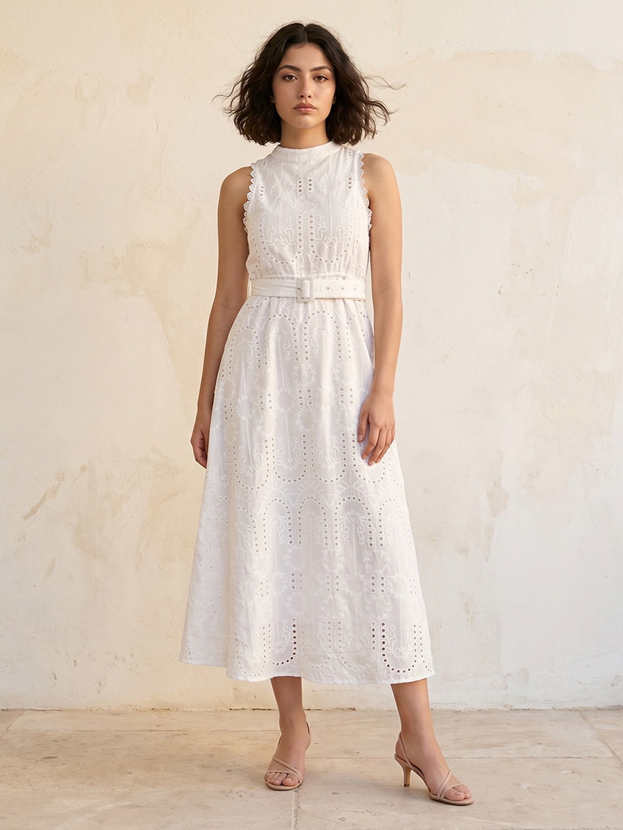 Schiffli Embroidered A-Line Cotton Dress with Lace Inserts