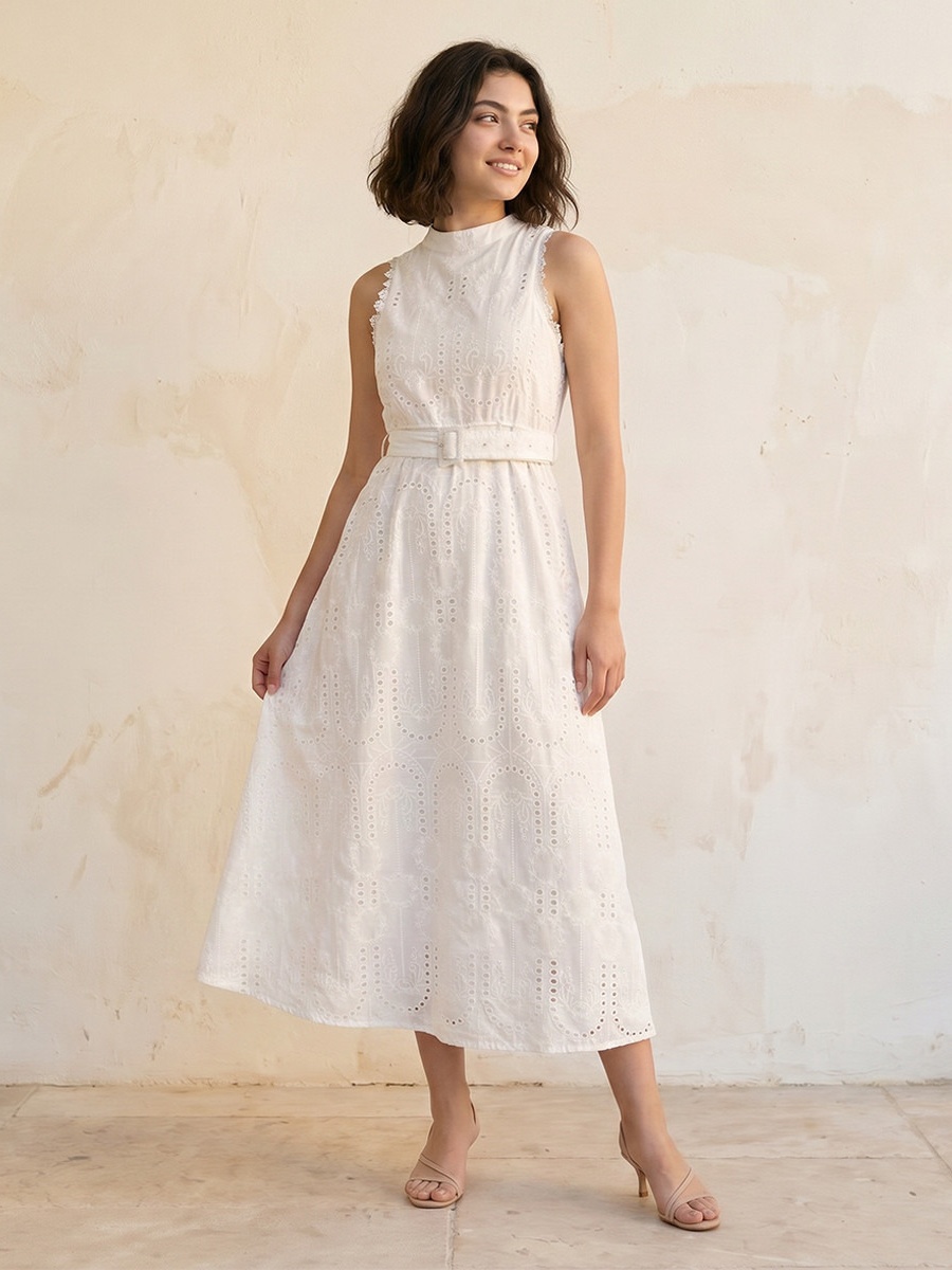 Schiffli Embroidered A-Line Cotton Dress with Lace Inserts