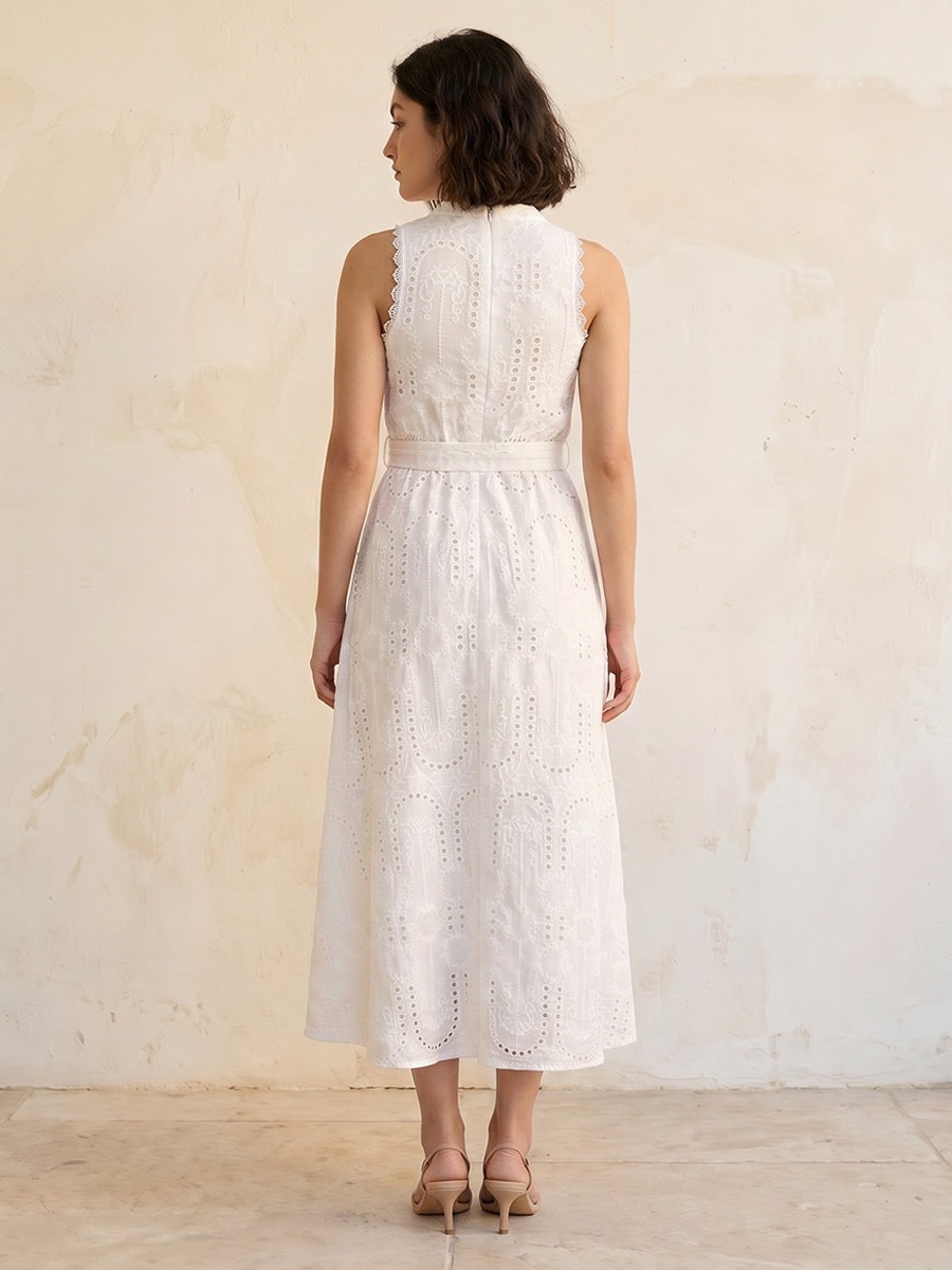 Schiffli Embroidered A-Line Cotton Dress with Lace Inserts