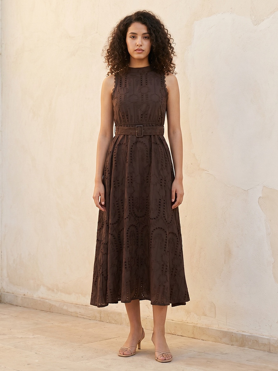 Schiffli Embroidered A-Line Cotton Dress with Lace Inserts For Default Category at Bahrain