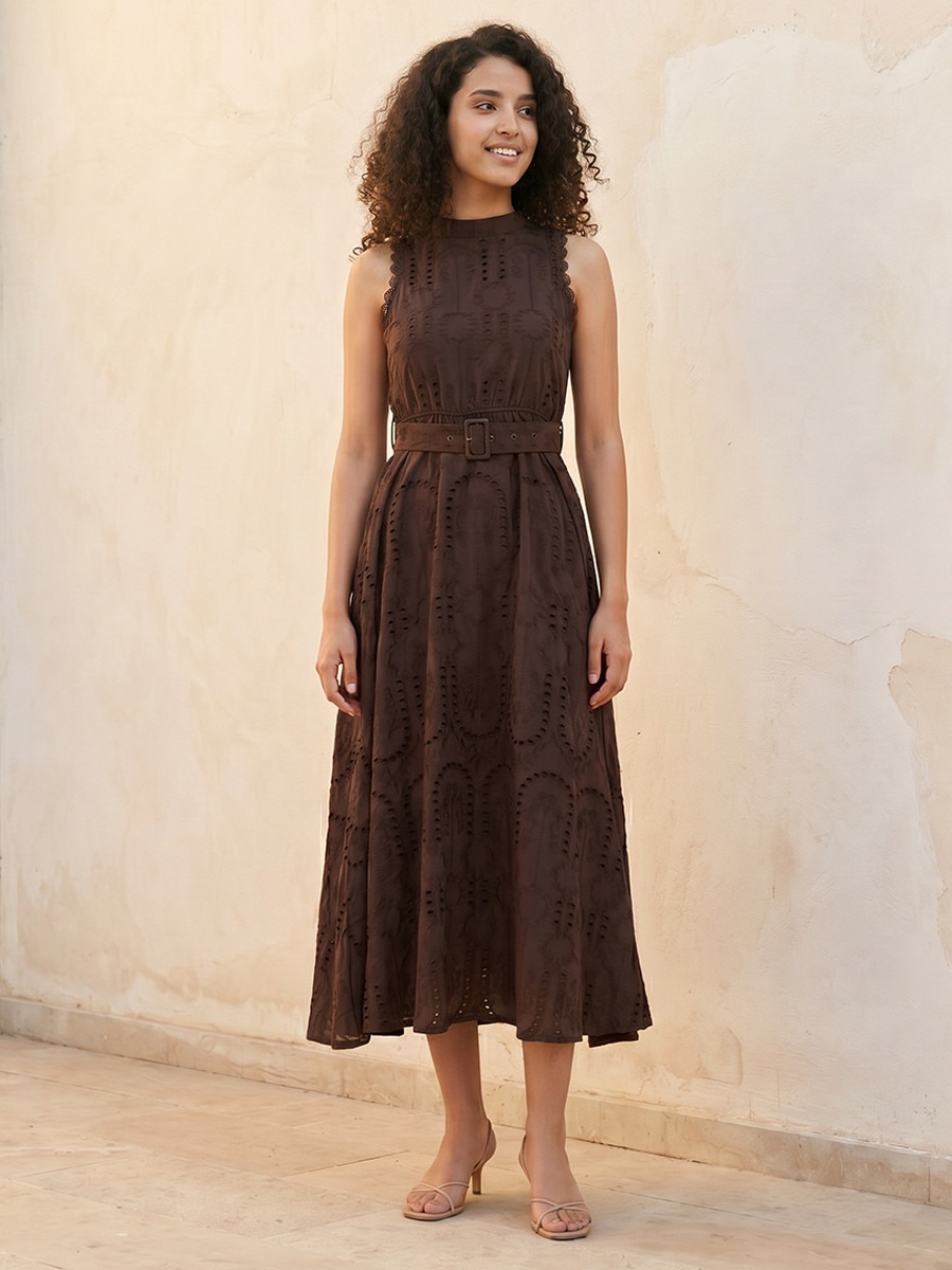 Schiffli Embroidered A-Line Cotton Dress with Lace Inserts