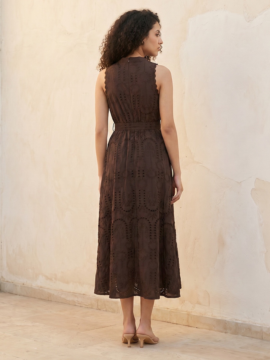 Schiffli Embroidered A-Line Cotton Dress with Lace Inserts