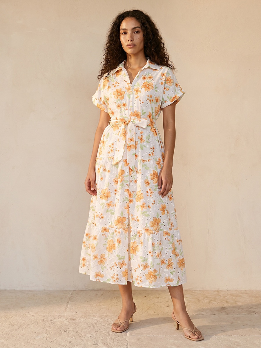 Floral Print Shirt Cotton Dress with Schiffli Embroidery