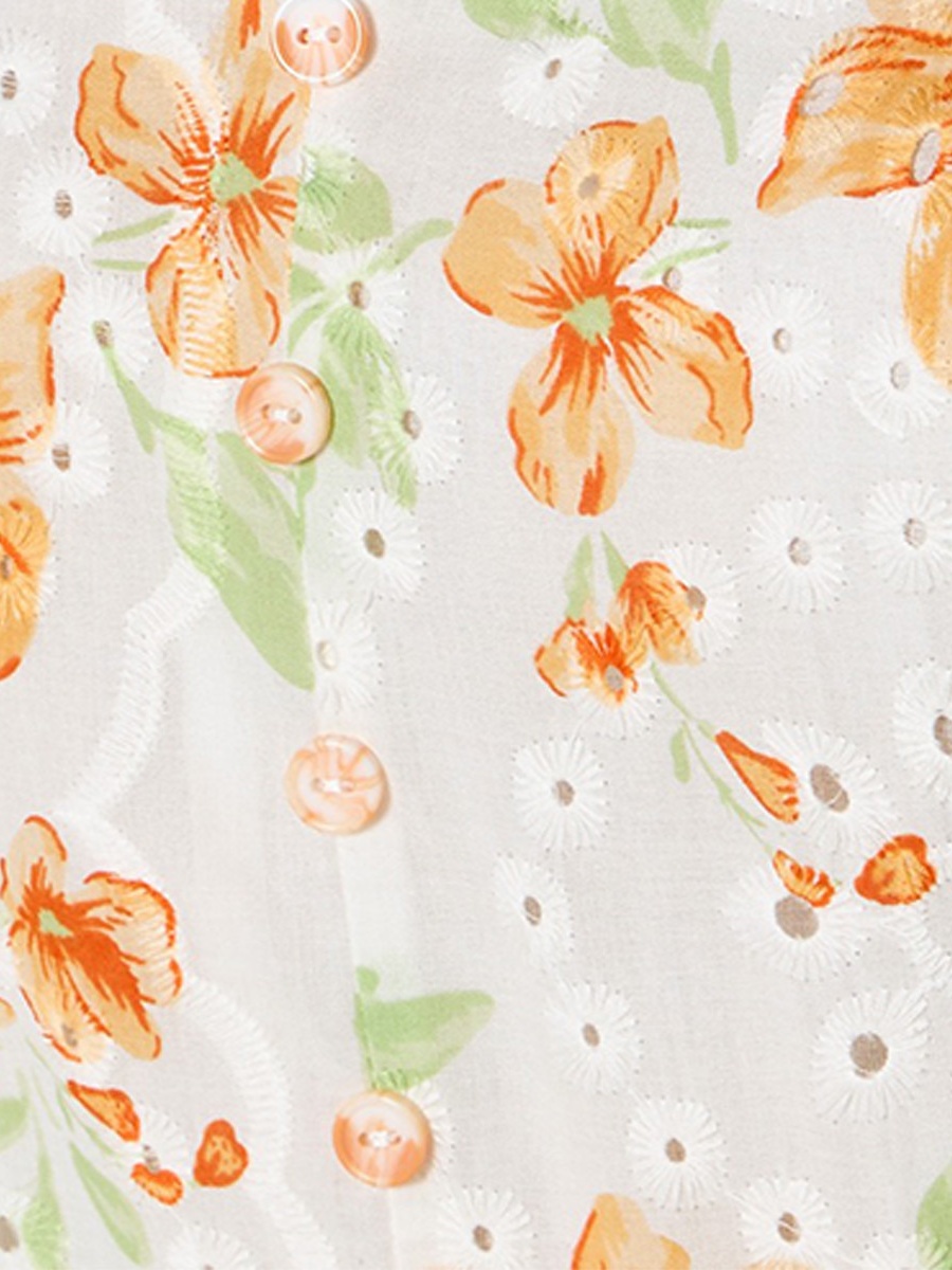 Floral Print Shirt Cotton Dress with Schiffli Embroidery