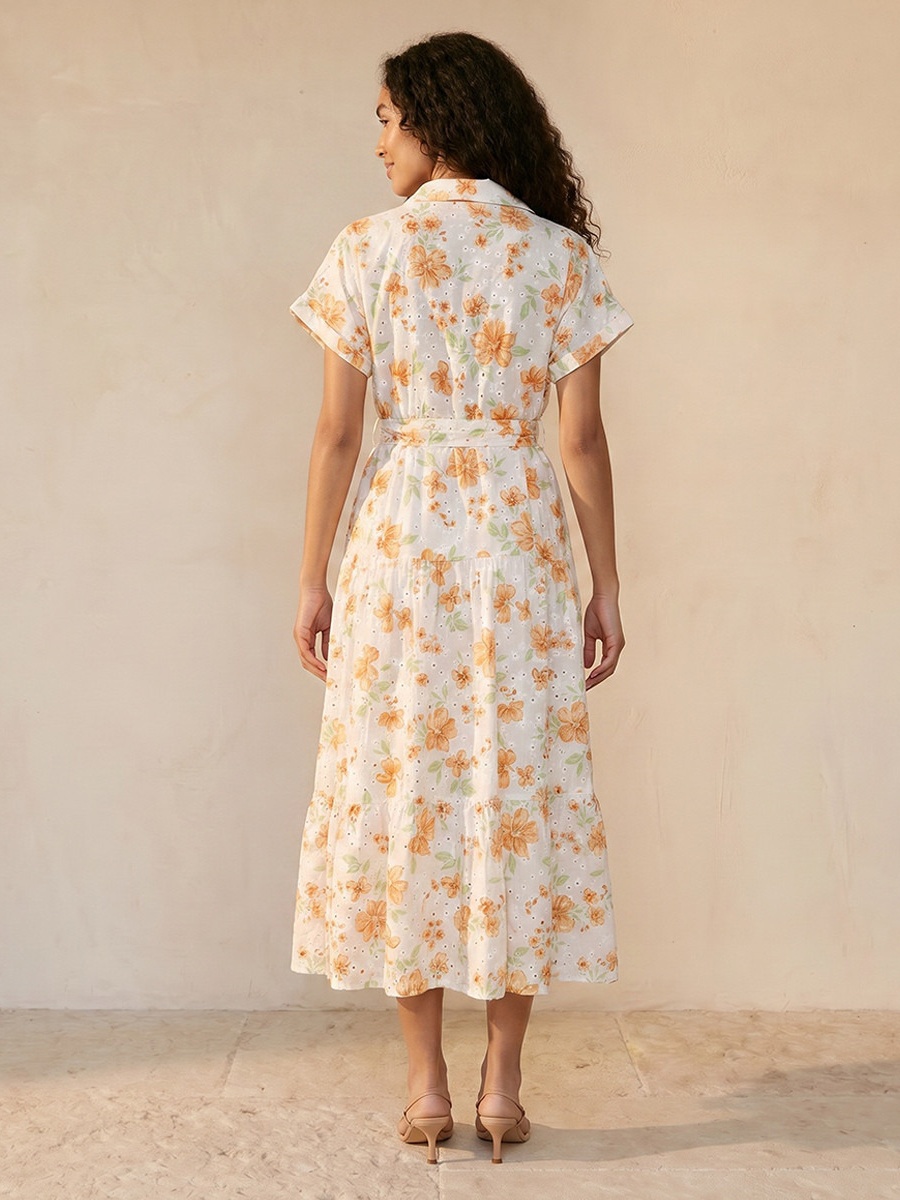 Floral Print Shirt Cotton Dress with Schiffli Embroidery