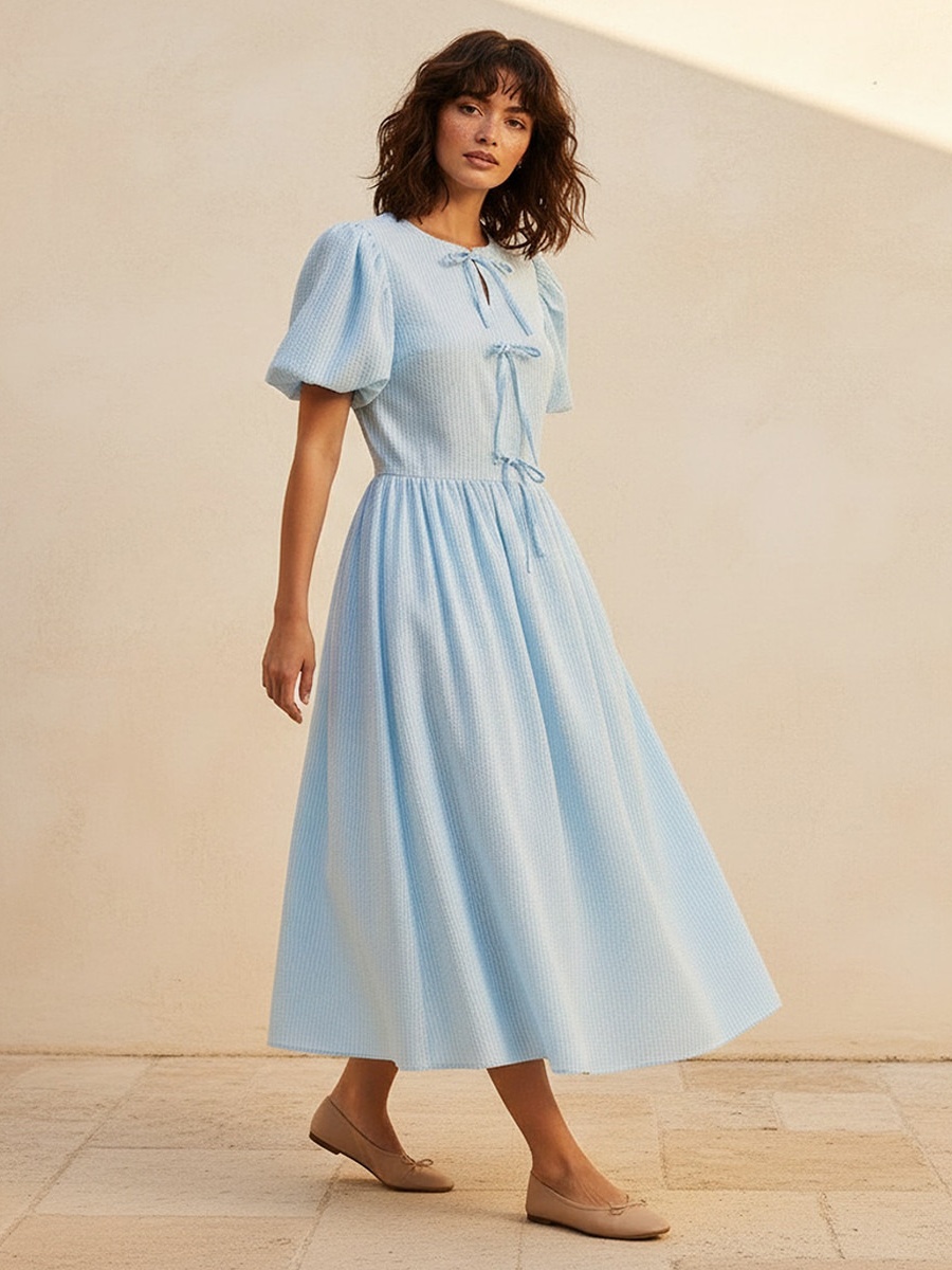 Striped A-Line Dress with Bow Accents