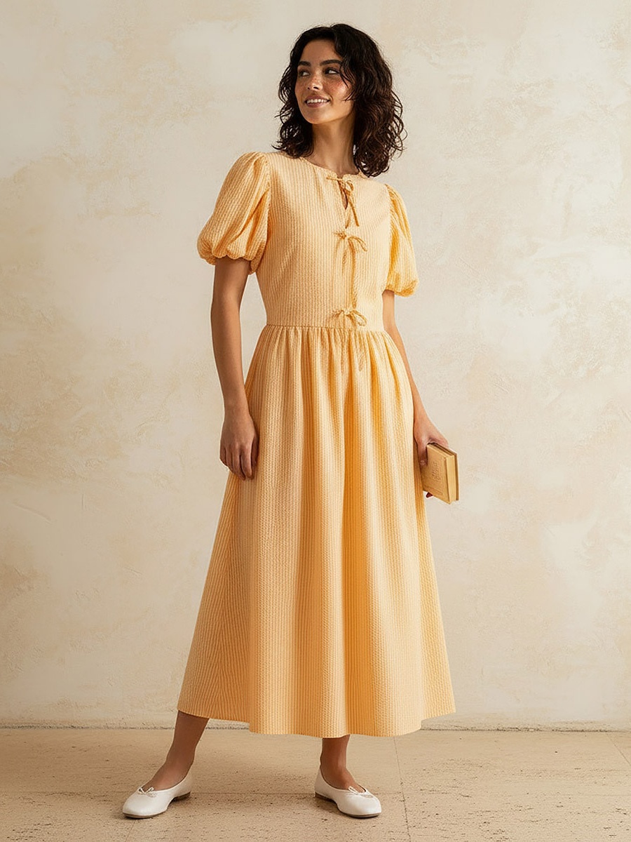 Striped A-Line Dress with Bow Accents