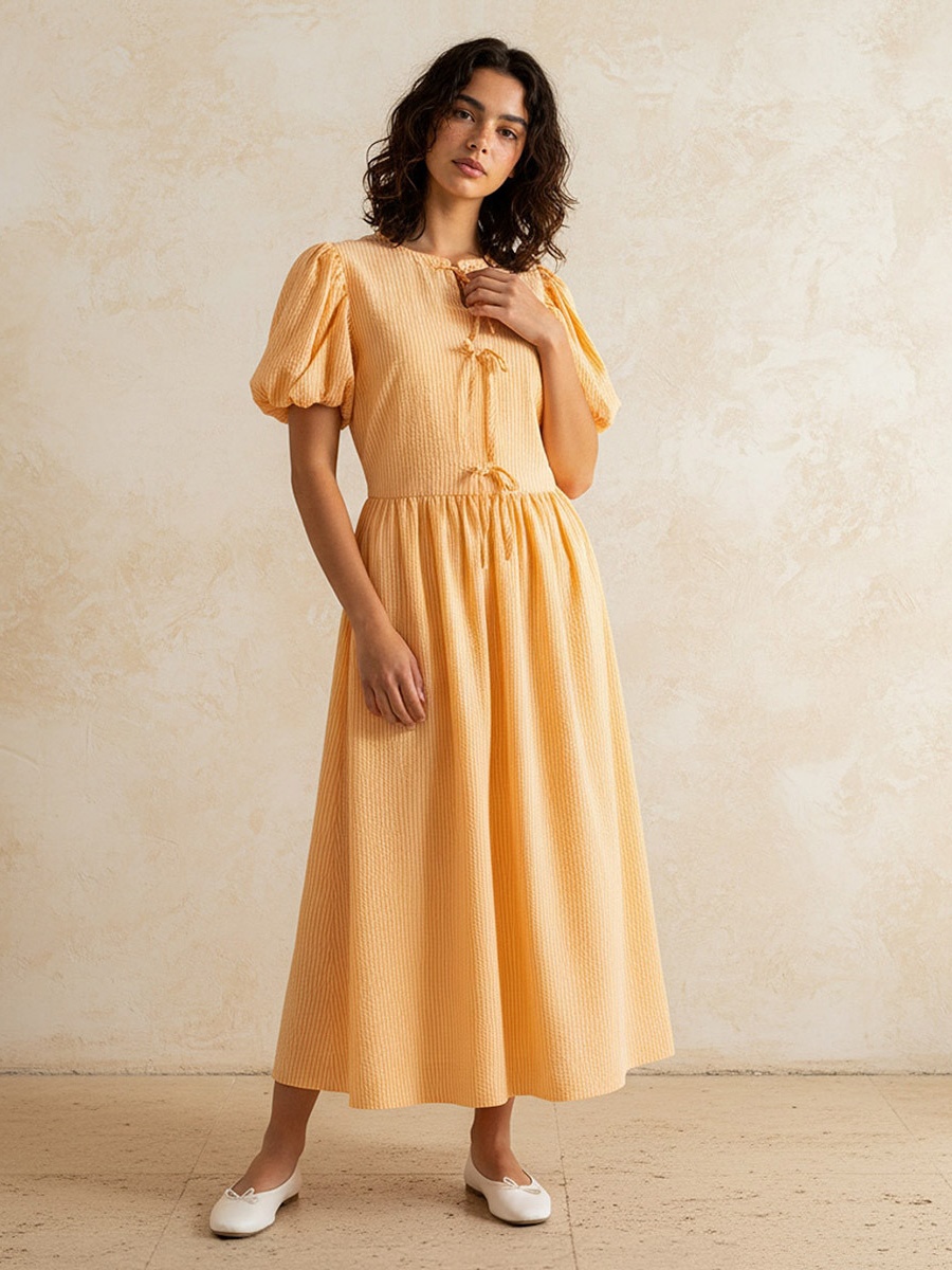 Striped A-Line Dress with Bow Accents