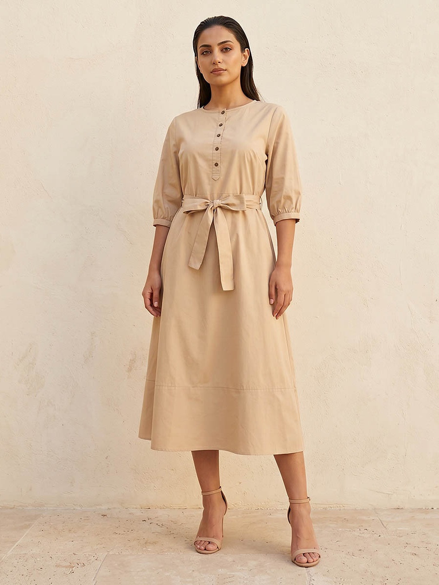 A-Line Midi Poplin Dress with Tie-Up Belt
