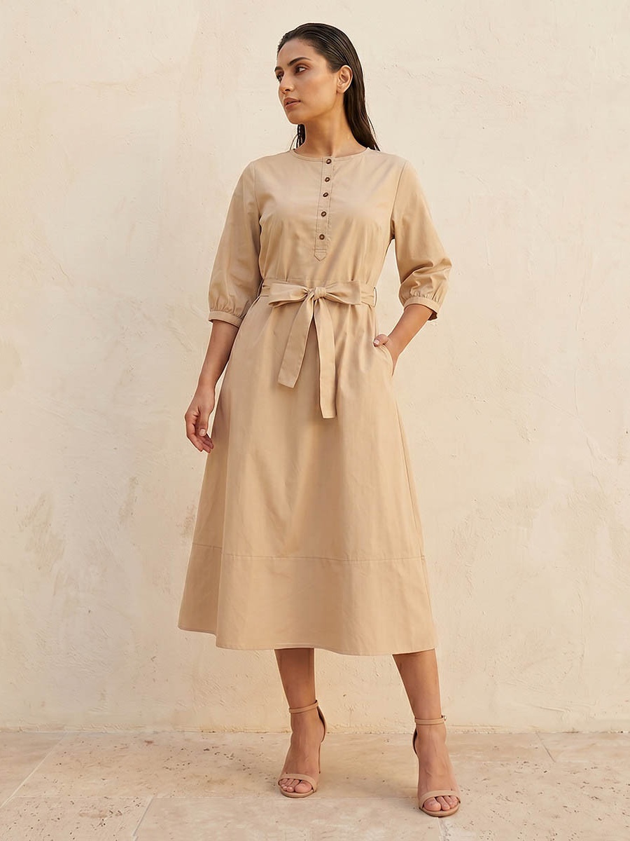 A-Line Midi Poplin Dress with Tie-Up Belt