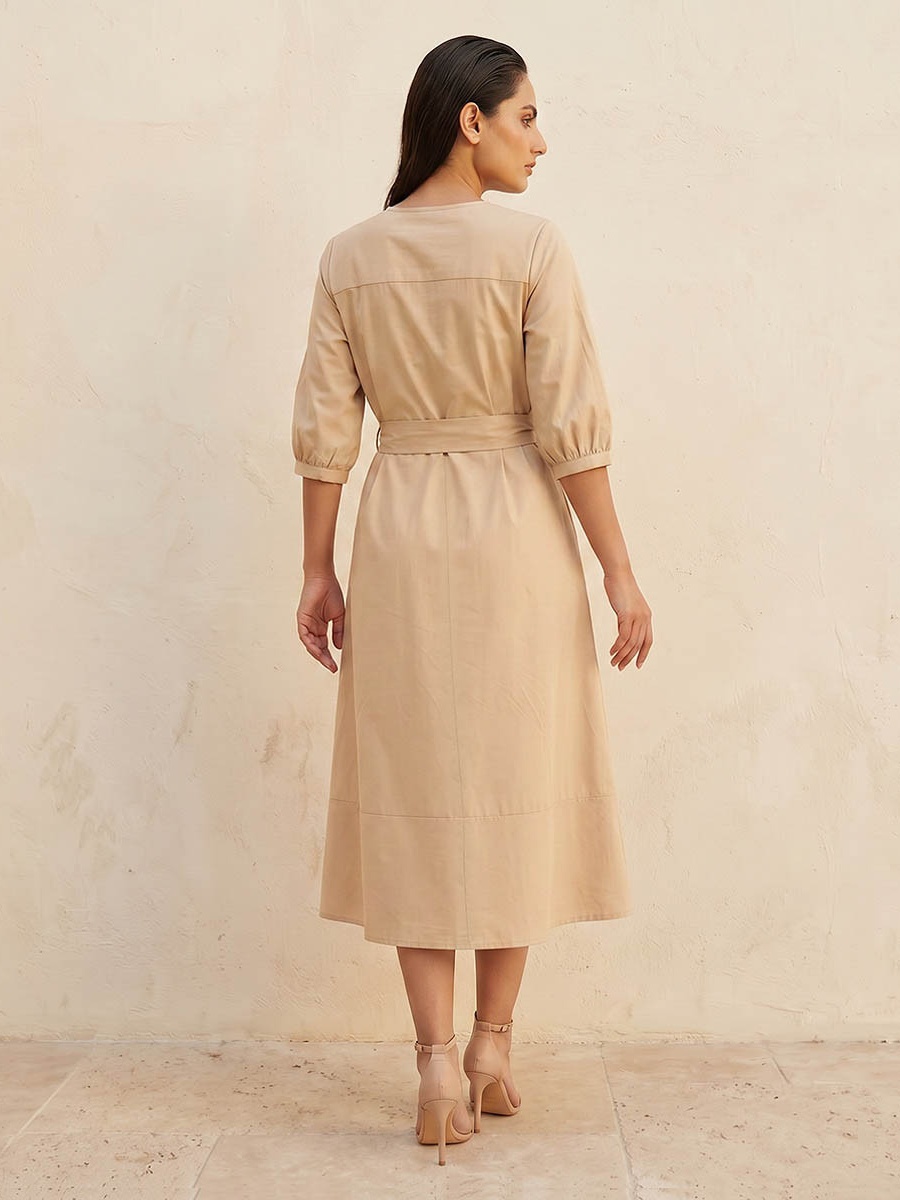 A-Line Midi Poplin Dress with Tie-Up Belt