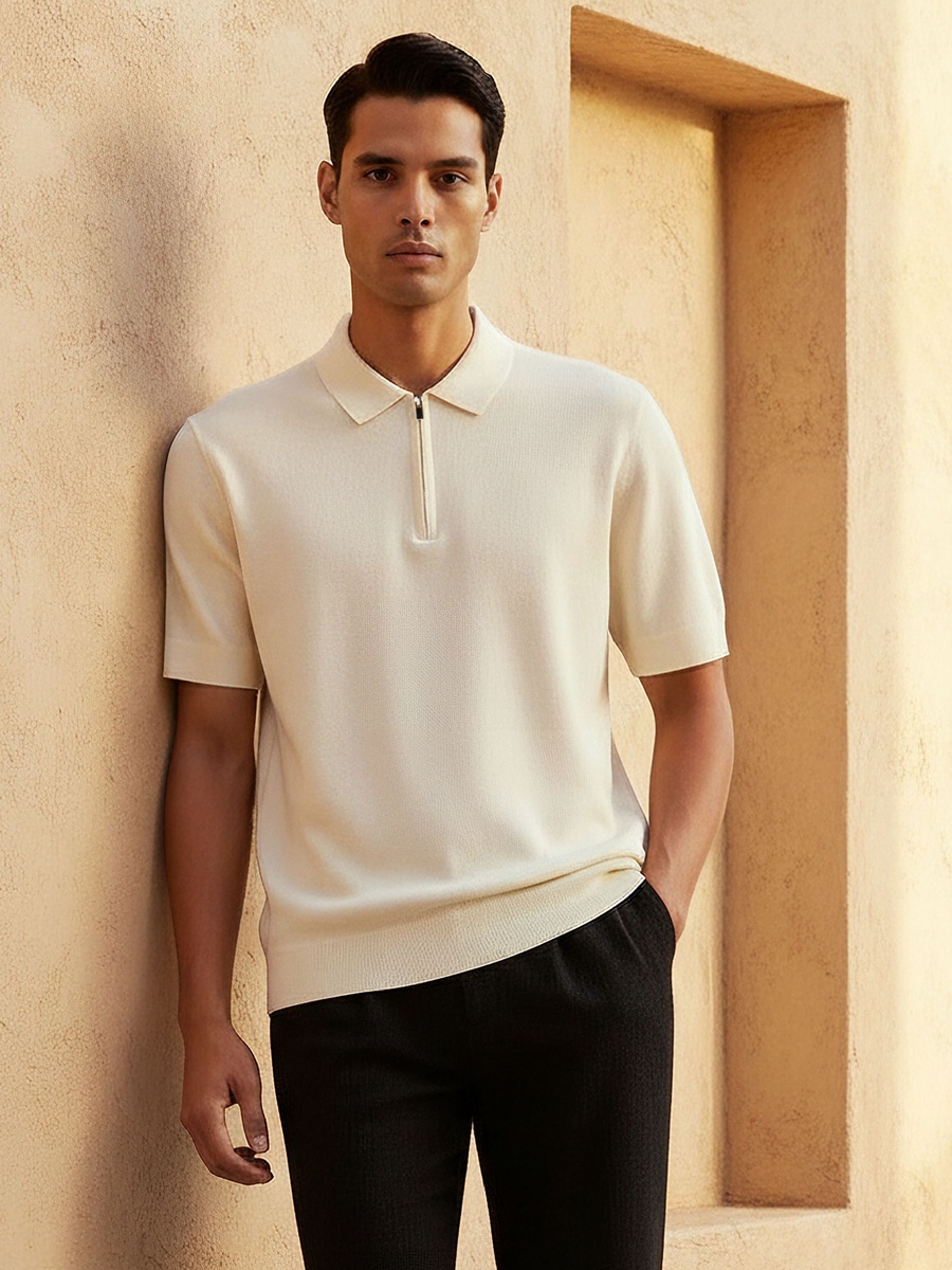 Men Short Sleeve Textured Polo T-Shirt
