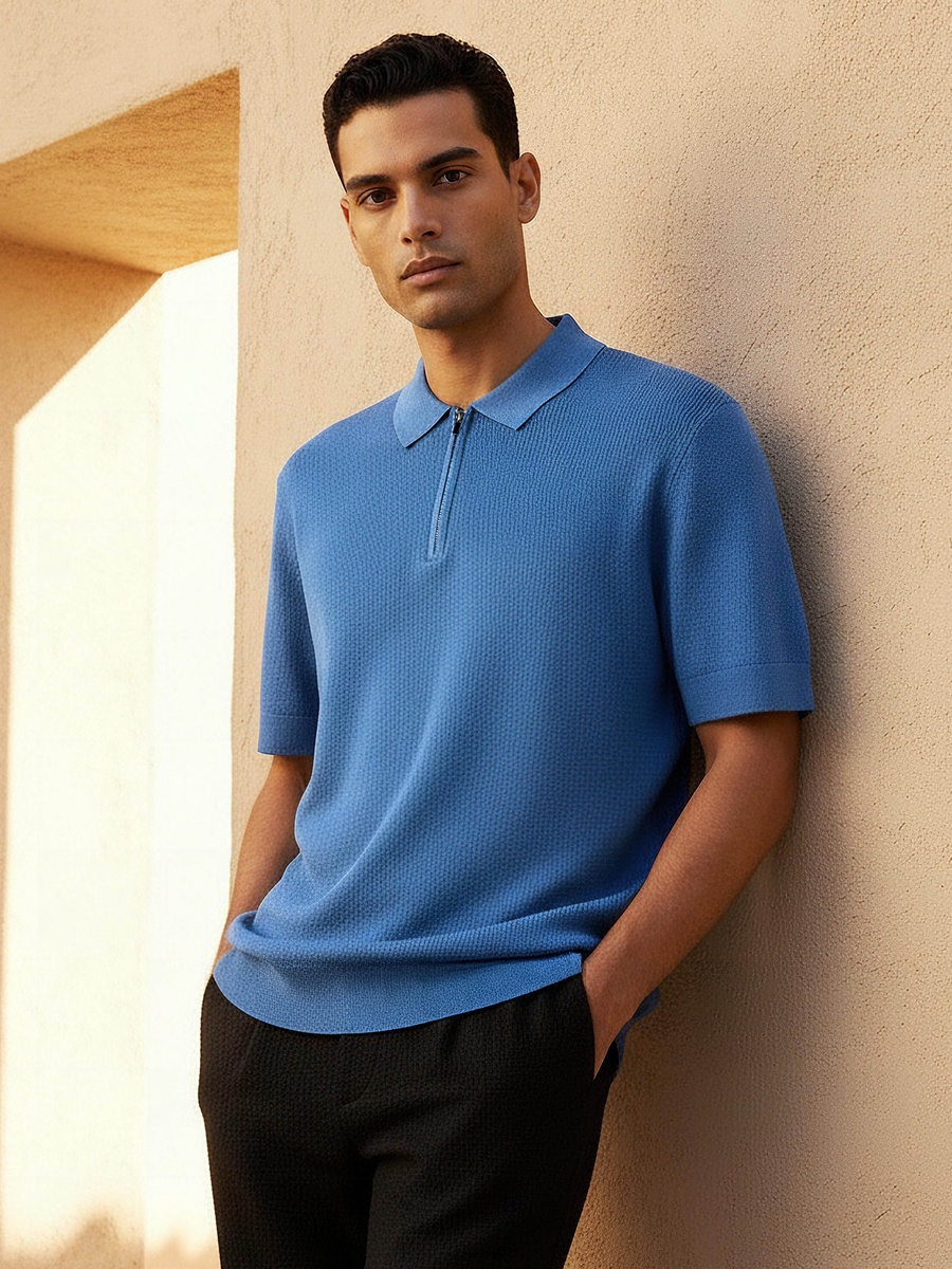 Men Short Sleeve Textured Polo T-Shirt