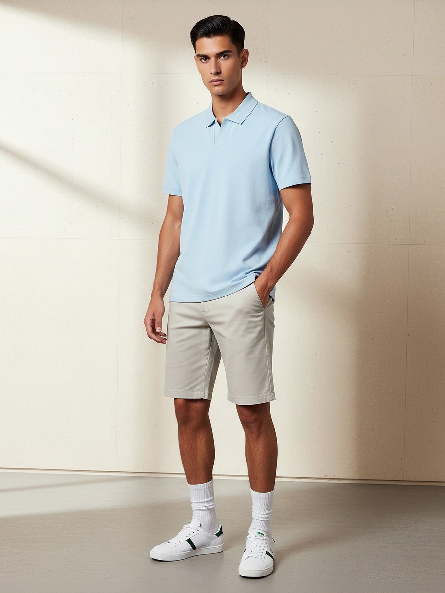 Men Short Sleeves Johnny Collar Polo T-Shirt