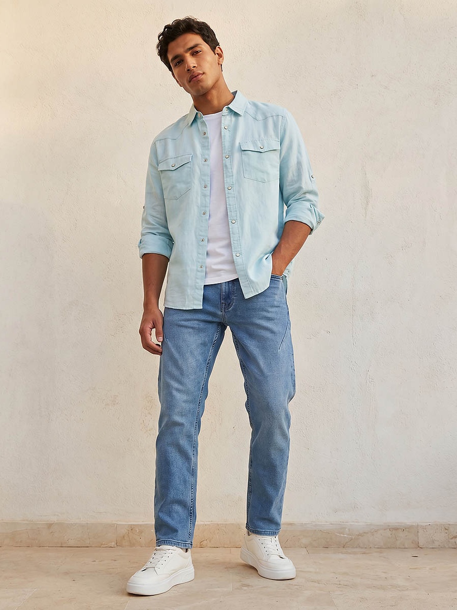 Men Regular Fit Collared Long Sleeves Linen Shirt