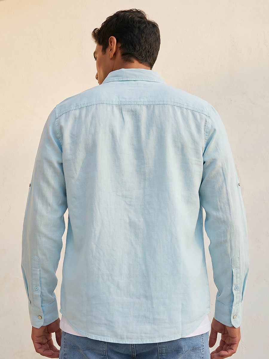 Men Regular Fit Collared Long Sleeves Linen Shirt