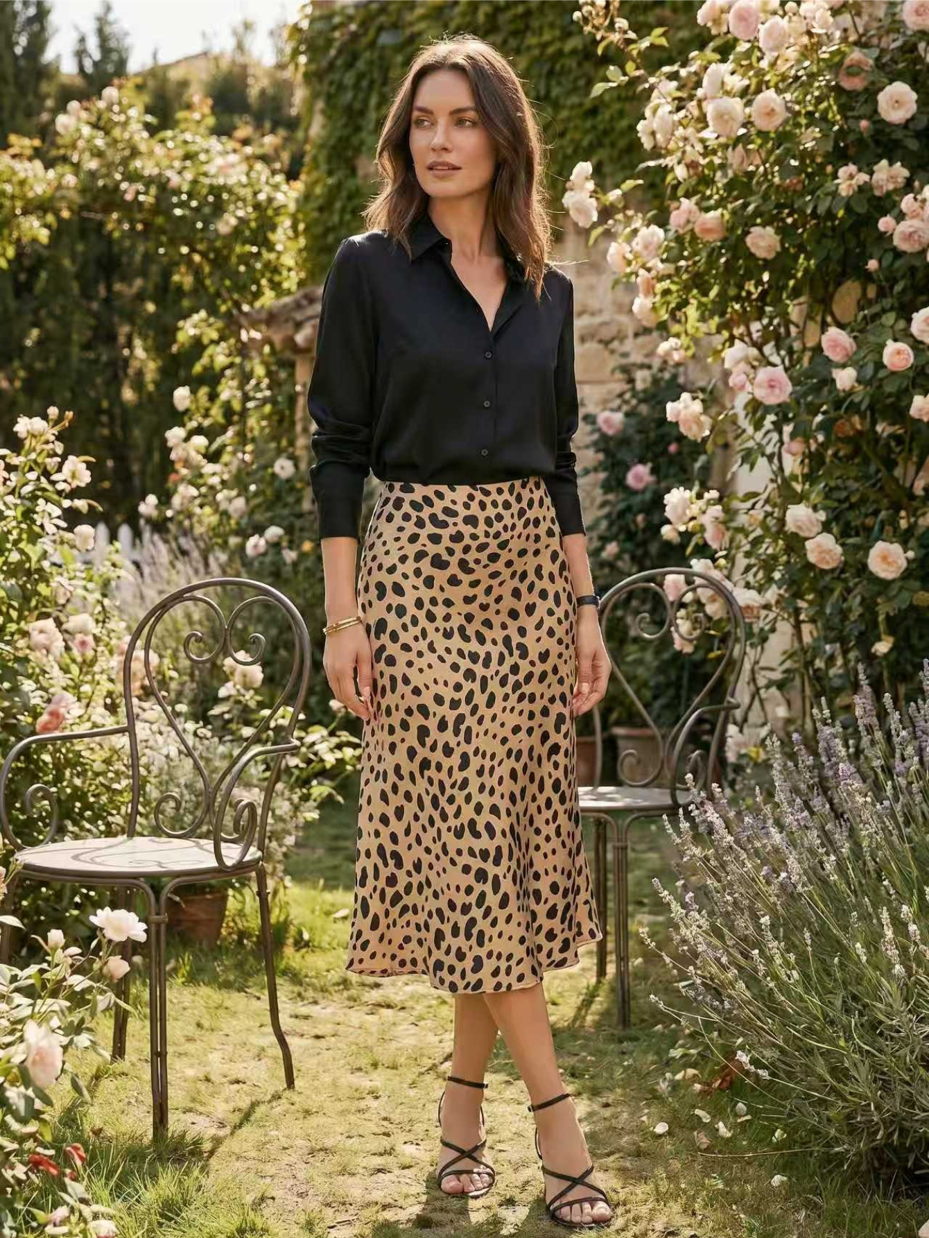 Gold Leopard Print A-Line High Waist Midi Skirt