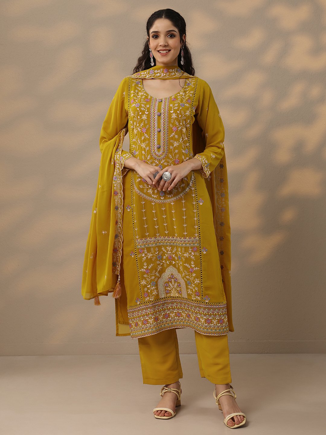 Mustard Embroidered Georgette Straight Kurta, Trousers And Dupatta Set