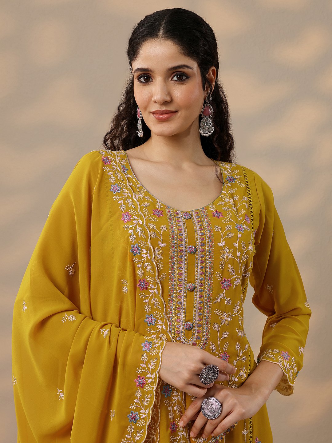 Mustard Embroidered Georgette Straight Kurta, Trousers And Dupatta Set