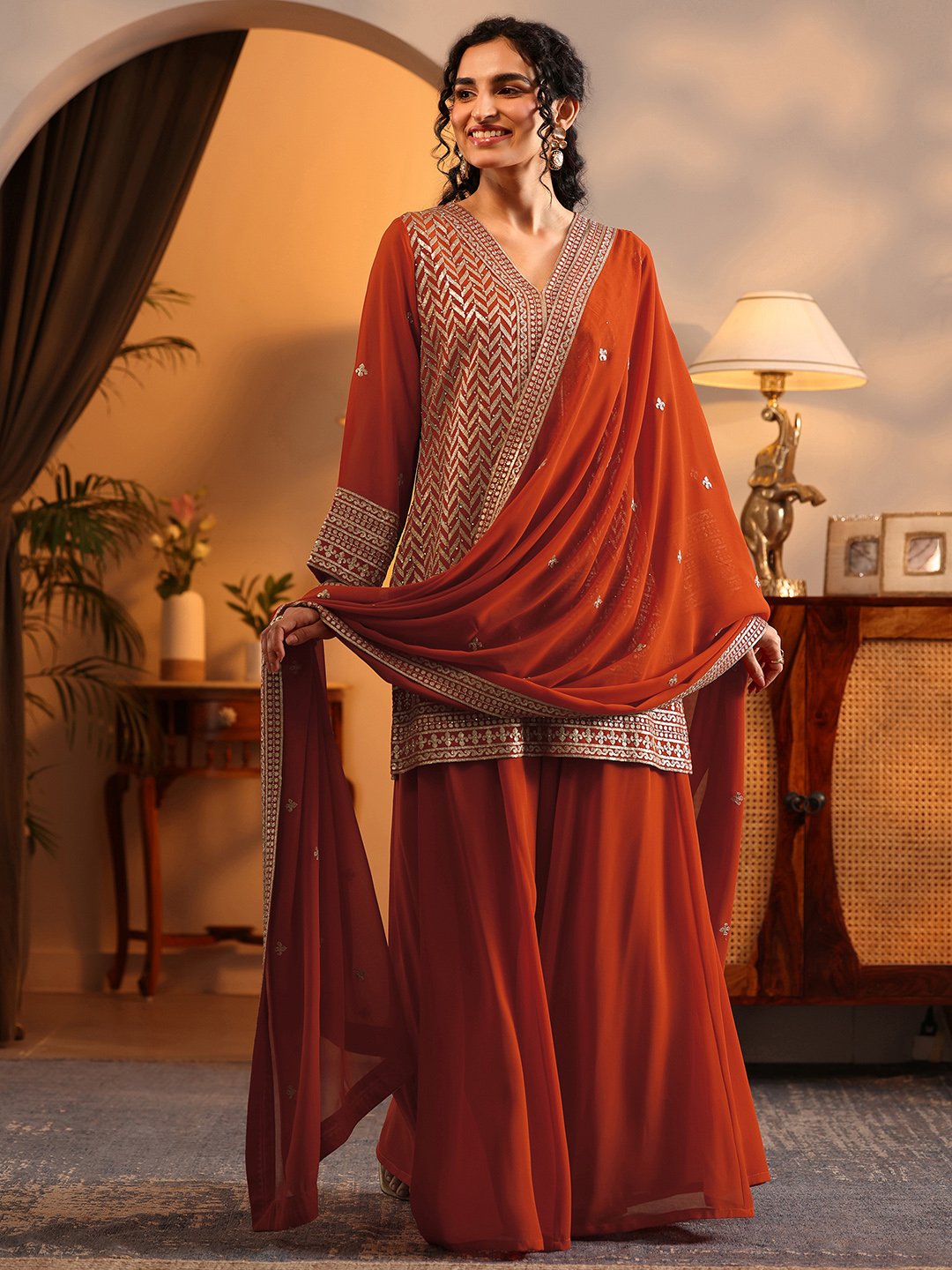 Orange Embroidered Georgette Straight Kurta, Palazzo And Dupatta Set