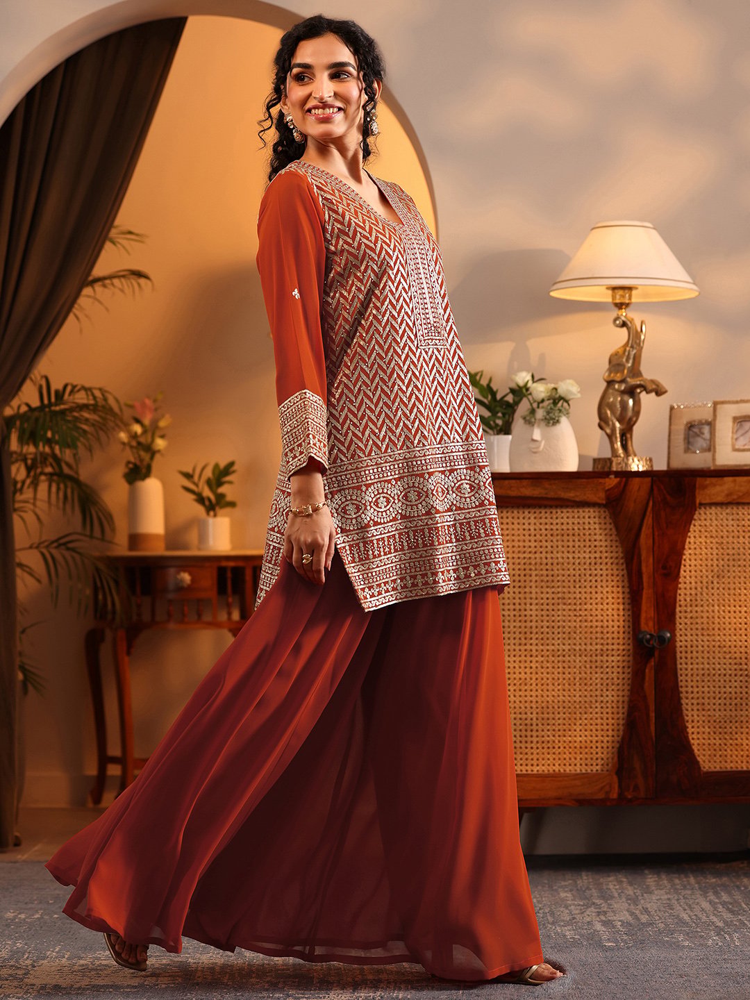 Orange Embroidered Georgette Straight Kurta, Palazzo And Dupatta Set