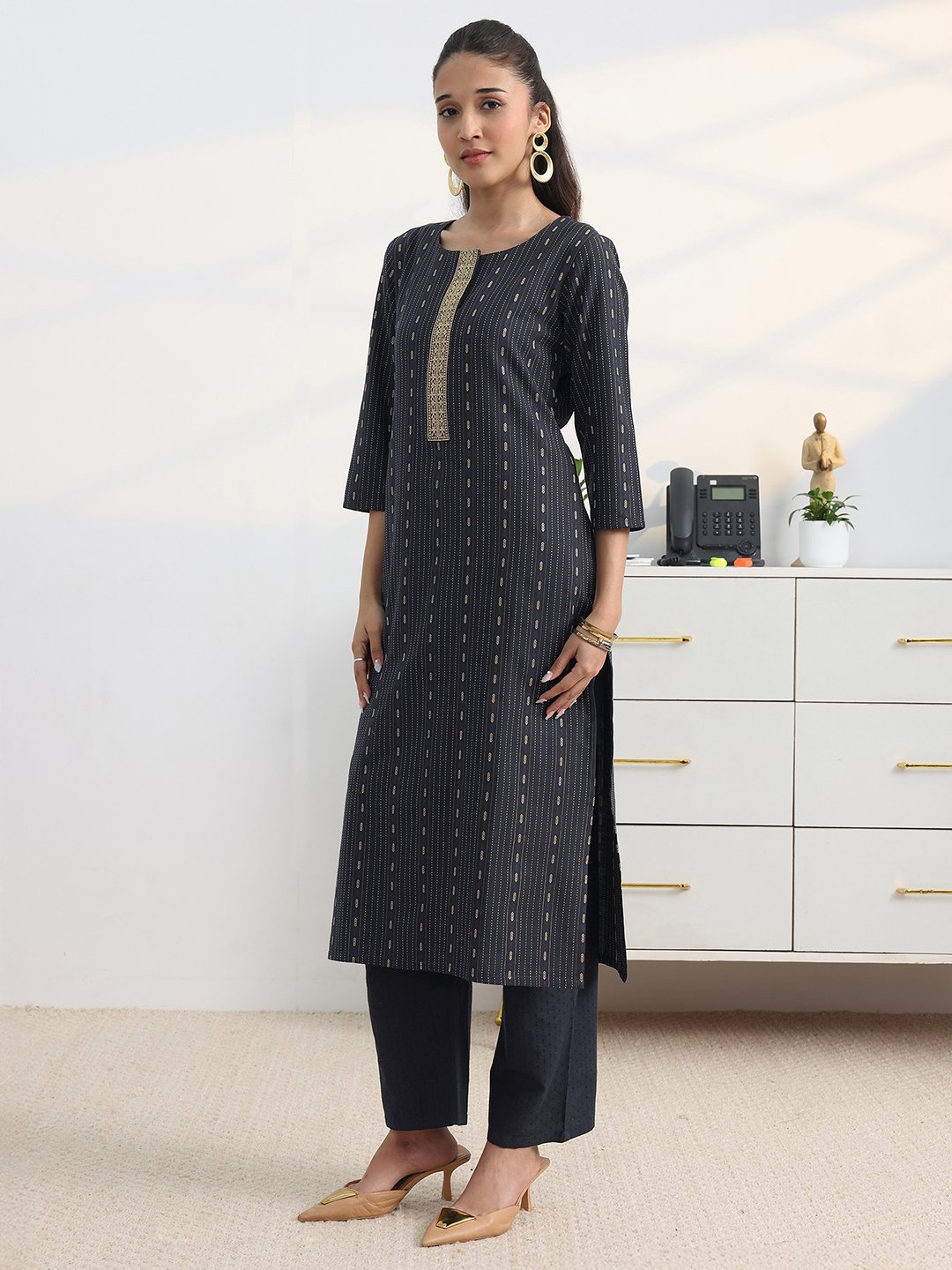 Navy Blue Self Design Cotton Blend Straight Kurta, Trousers And Dupatta Set