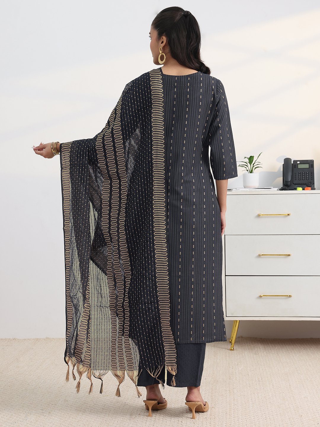 Navy Blue Self Design Cotton Blend Straight Kurta, Trousers And Dupatta Set