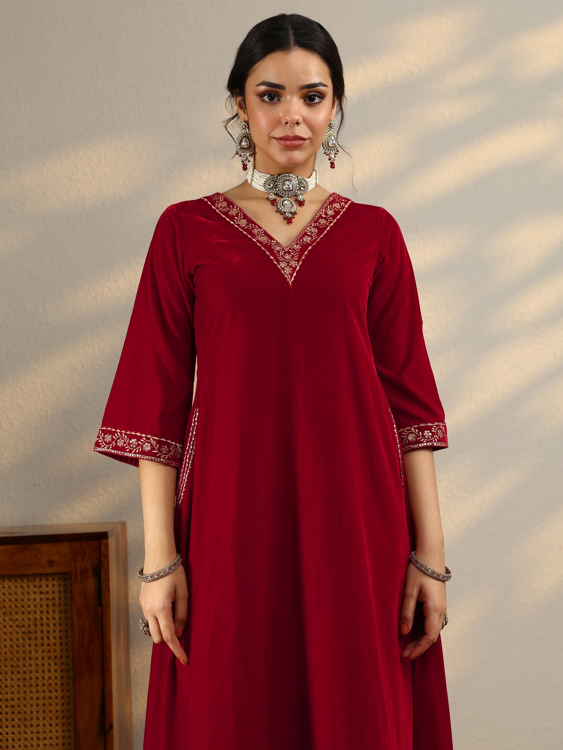 Red Embellished Velvet A-Line Kurta, Trousers And Dupatta Set