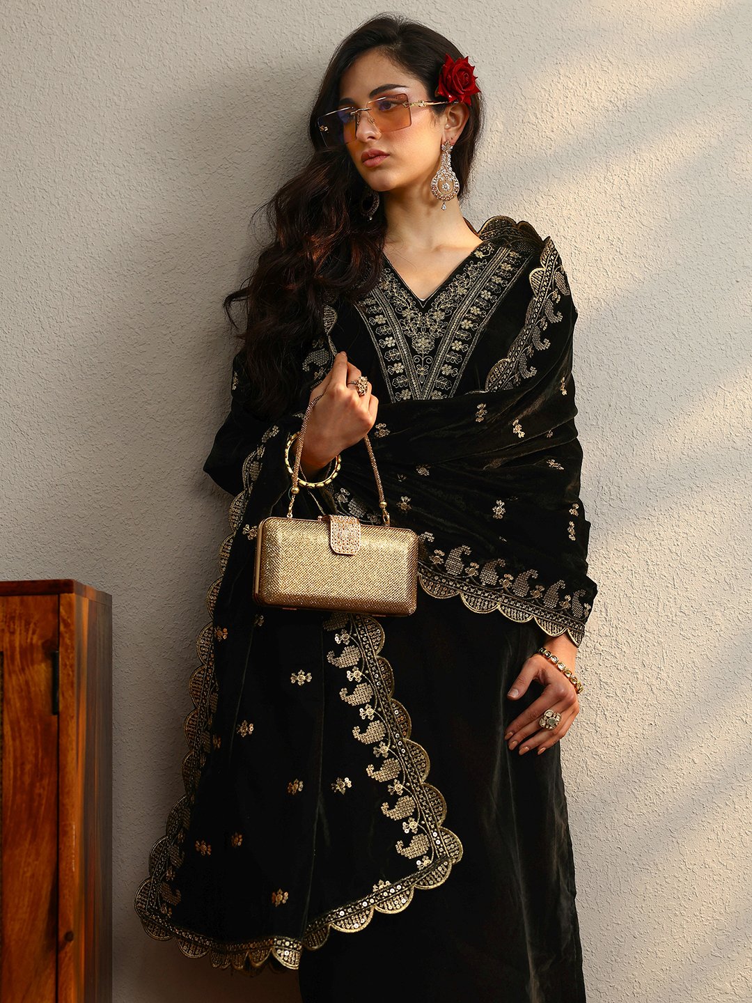 Black Embellished Velvet Straight Kurta, Trousers And Dupatta Set