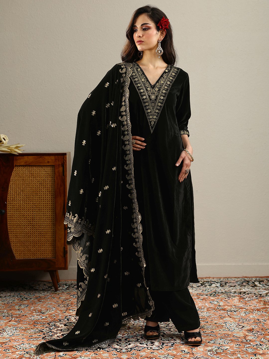 Black Embellished Velvet Straight Kurta, Trousers And Dupatta Set