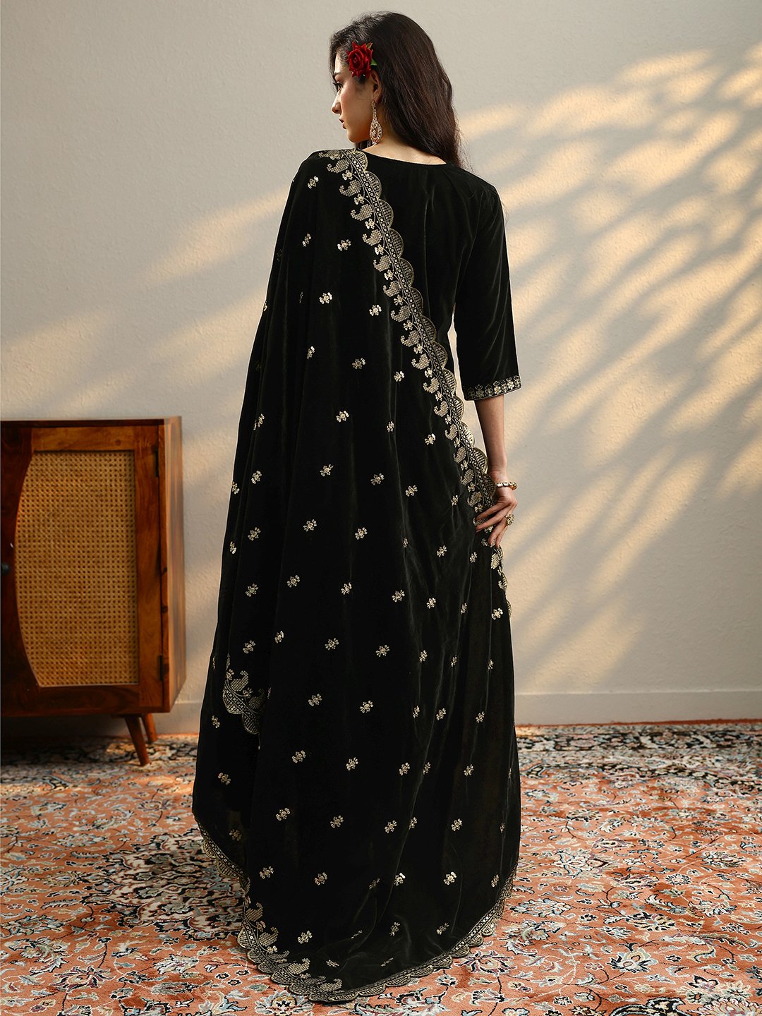 Black Embellished Velvet Straight Kurta, Trousers And Dupatta Set